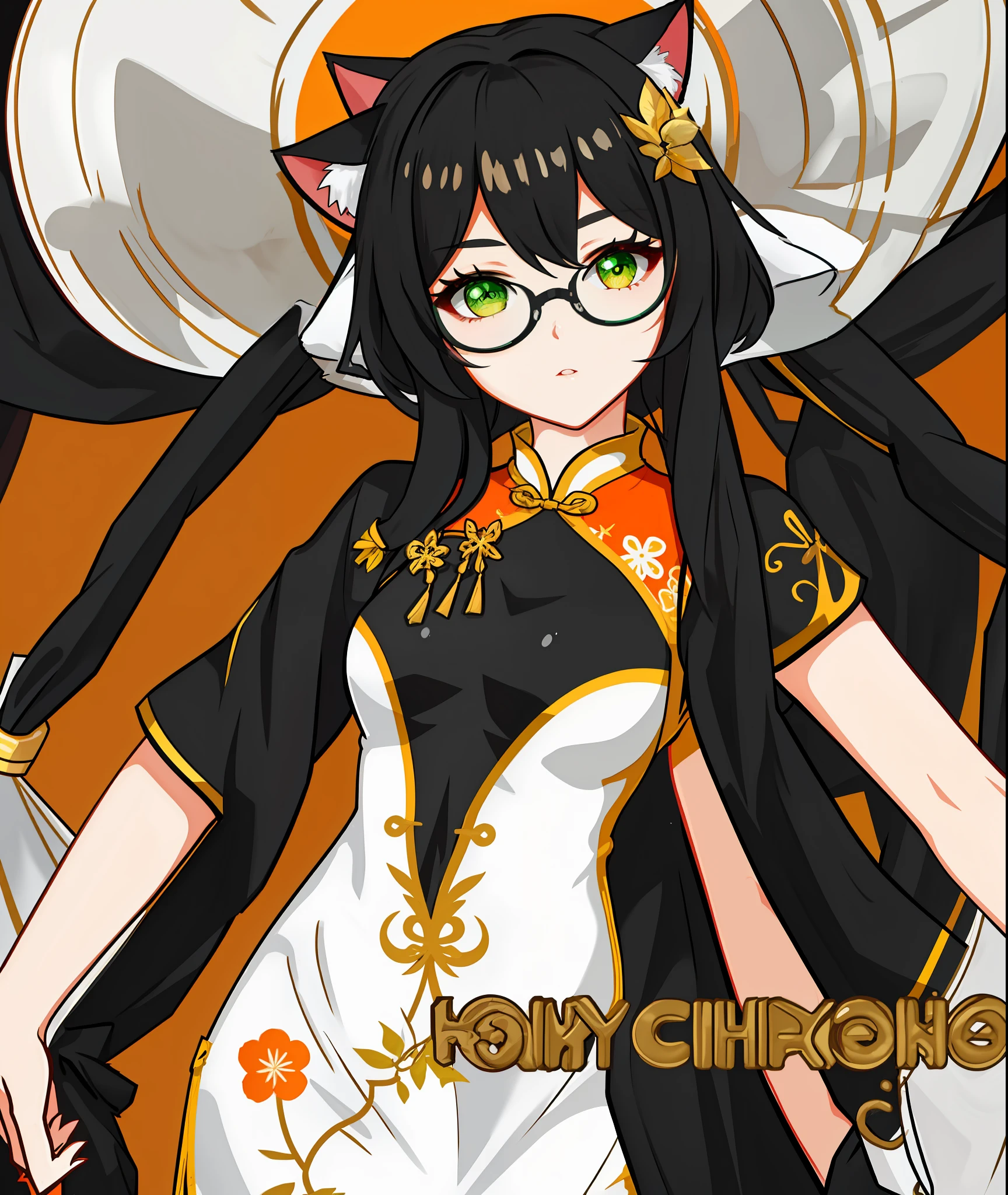 1girll,Black hair，Green glasses，Side Body，Beautiful girl body in adolescence，Cat ear hat，bucket-hat，Black and white cheongsam，Gold motifs adorn the clothes，Orange lines，tightsuit，Tight cheongsam