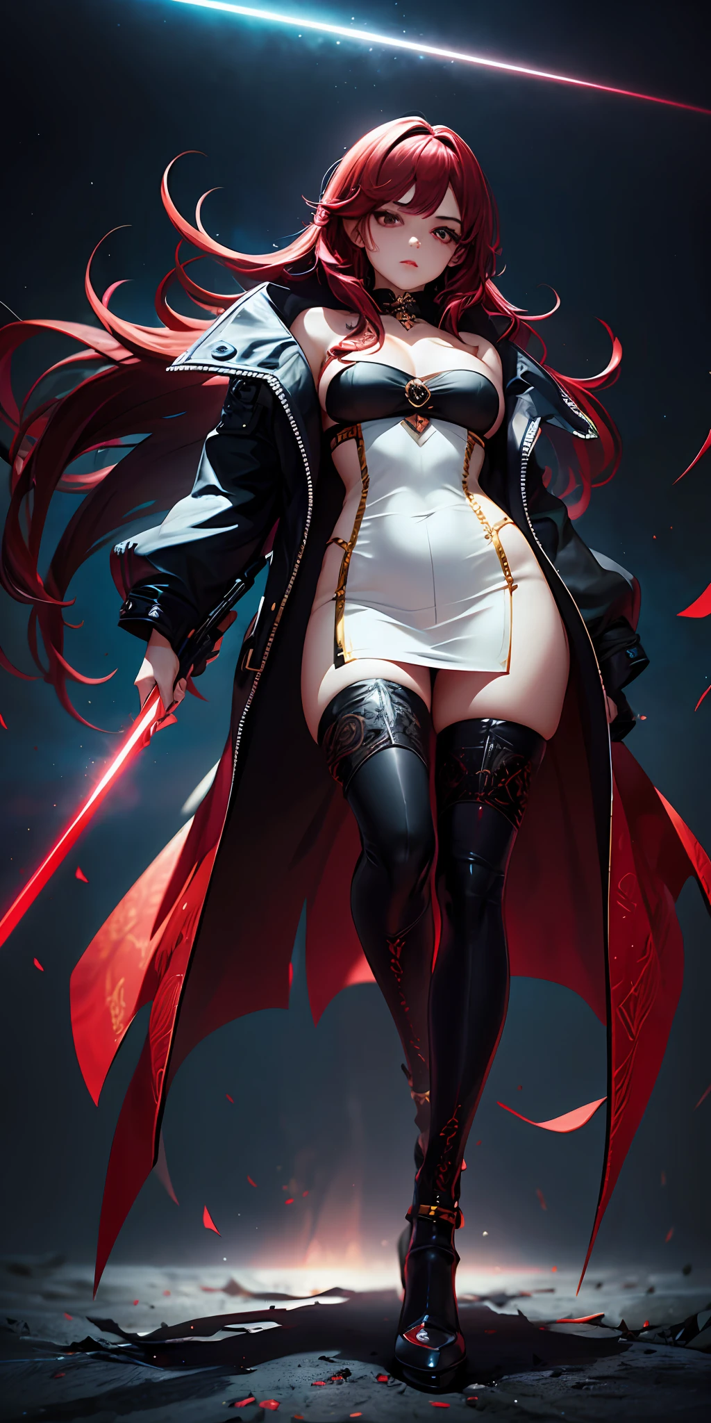 1girll, red pupils,Red long-haired,crisp breasts,Convex buttocks,Bare legged,black heels,White bandeau dress decorated with gold patterns,He wears a black trench coat,There is a red laser sword in his hand,starrysky,kosmos,Detailed background,Clothing details,perfectly proportioned, Cinematic lighting, filmgrain, Fuji colors, lightand shade contrast, 8K, 巨作, Textured skin, Super detail, high detal, high qulity, A high resolution,