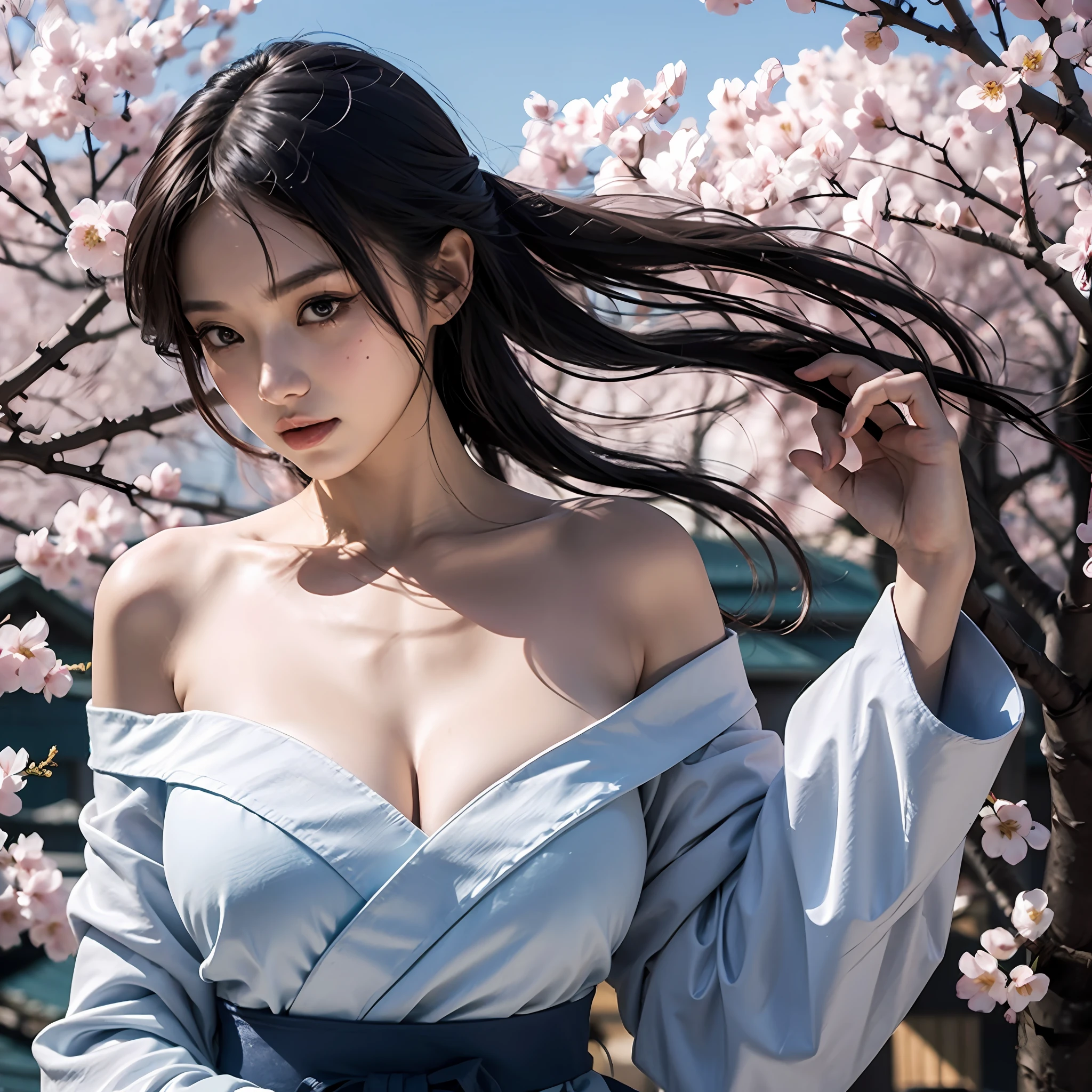 masterpiece,best quality,ultra-detailed, {cinematic lighting}, {illustration}, {{{1_girl}}}, female samurai, long white hair, cleavage, sexy ass, sexy breasts, hakama, katana, cherry blossoms, holding a katana, loose hair, wind on hair,(open off shoulder Shinsengumi Haori),front view,,