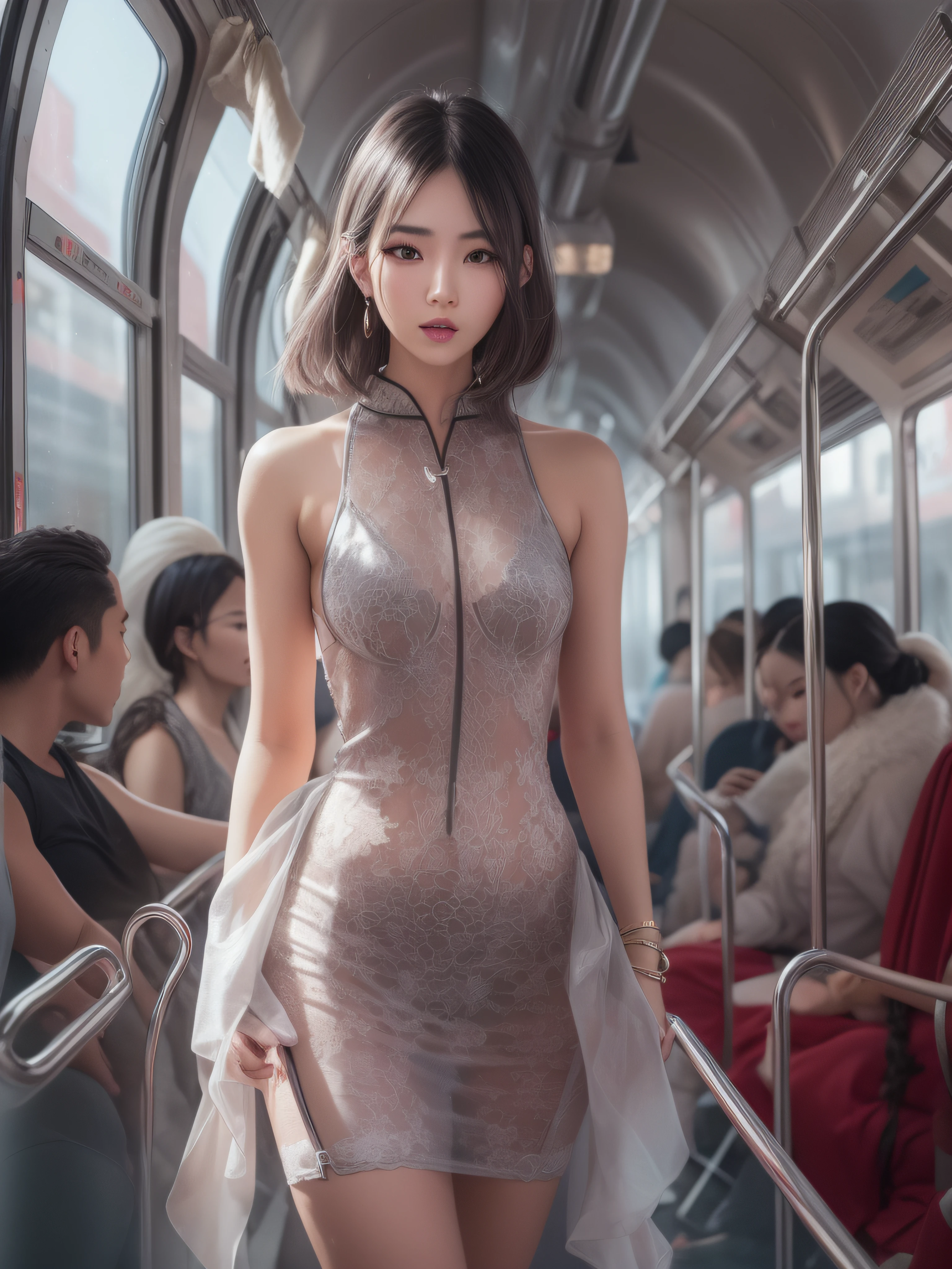 full-body portraits, photograph realistic, A beautiful Chinese woman, Adult video actress, In very crowded train cars, The whole body is soaked with sweat, slim toned body, Height 1.6m, perfect female shape, 34C breasts, Naked of breast, Slim waistline, Elongated legs, 28-inch hips, Wheat-colored skin, Full forehead, Slender eyebrows, Wear red and black erotic underwear, Suspender stockings, Wear platform stiletto heels, tempting pose, silver hair, streaked hair, bangs, straight hair, messy hair, hair slicked back, jewelry, longeyelashes, earrings, makeup, shaded, expressionless, red lips, cinematic lighting, three sided view, masterpiece, ccurate, textured skin, super detail, best quality, 8k