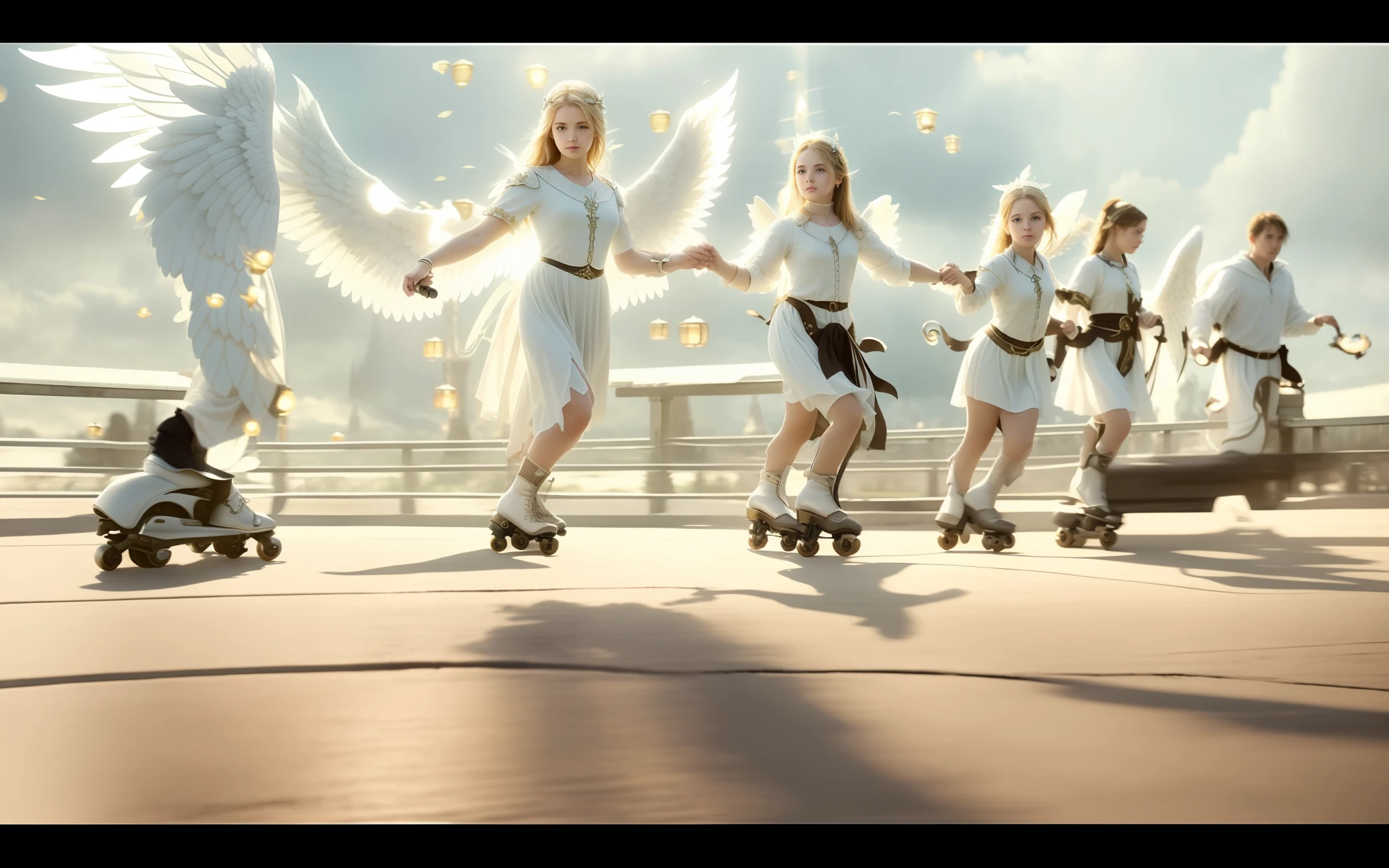 (six angels with wings are riding roller skates in Heaven, with one person holding the hand of the other, detailed pupils, detailed eyes, clear eyes), angel knight gothic girl, full - body majestic angel, angel knight girl, by Yang J, tall female angel, breathtaking fantasy art, beautiful female angel, of beautiful angel, beautiful angel, beautiful fantasy art, gothic fantasy art, elegant cinematic fantasy art, angelical, epic angel wings