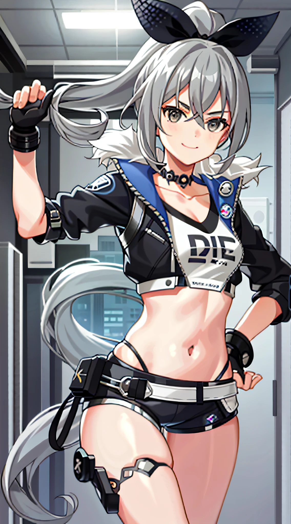 Gray hair,Single horsetail,Gray eye,curlies,Uninhibited,hack,rebelliousness,ssmile,14-year-old girl