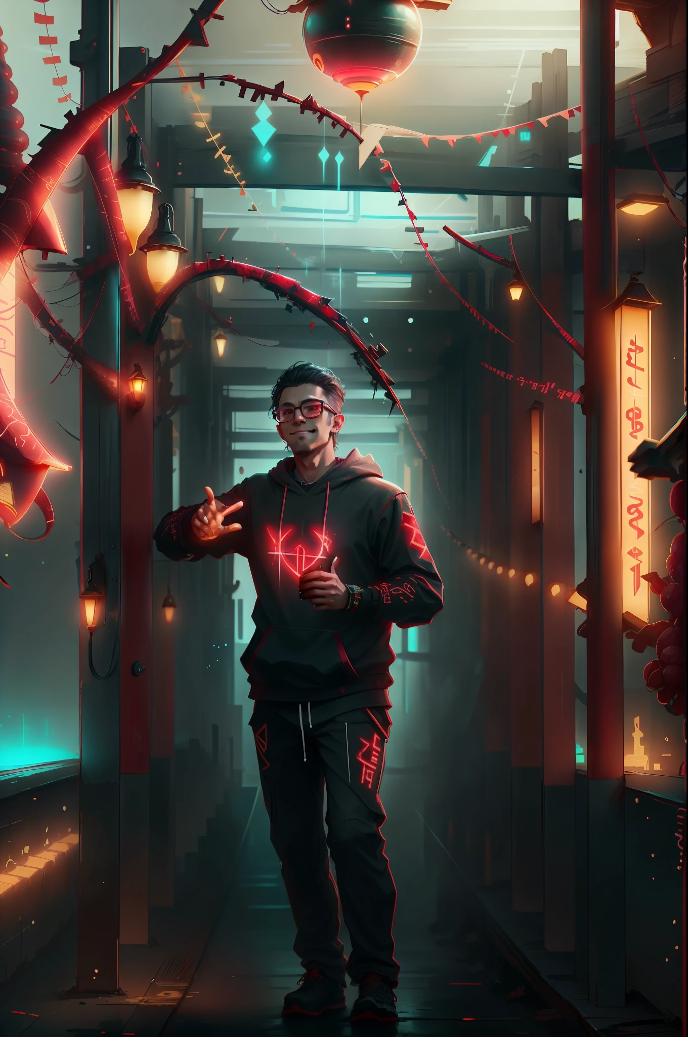 alenaschillerova, GlowingRunes_red, detailed, intricate, dark theme, glasses, smile, sakura, lampion