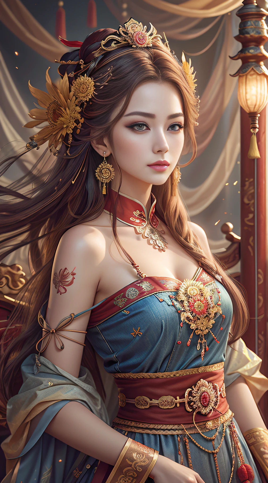 Best quality, masterpiece, ultra-detailed high resolution, (realistic: 1.4), original photos, illustrations,
1 Girl Holding Weapon, (Solo Exhibition: 1.2), (Denim Lens: 1.2), (Hair Crown: 1.2), Chinese Dunhuang Traditional Costume, No Straps, (Red Eyeliner: 1.2), (: 1.4), Earrings, Dynamic Angle, Opera House, messy_long_hair, Ink, Movie Lights, lens_flare, Velvet, Chrysanthemum, Tassels, Ribbons, Color Embroidery,