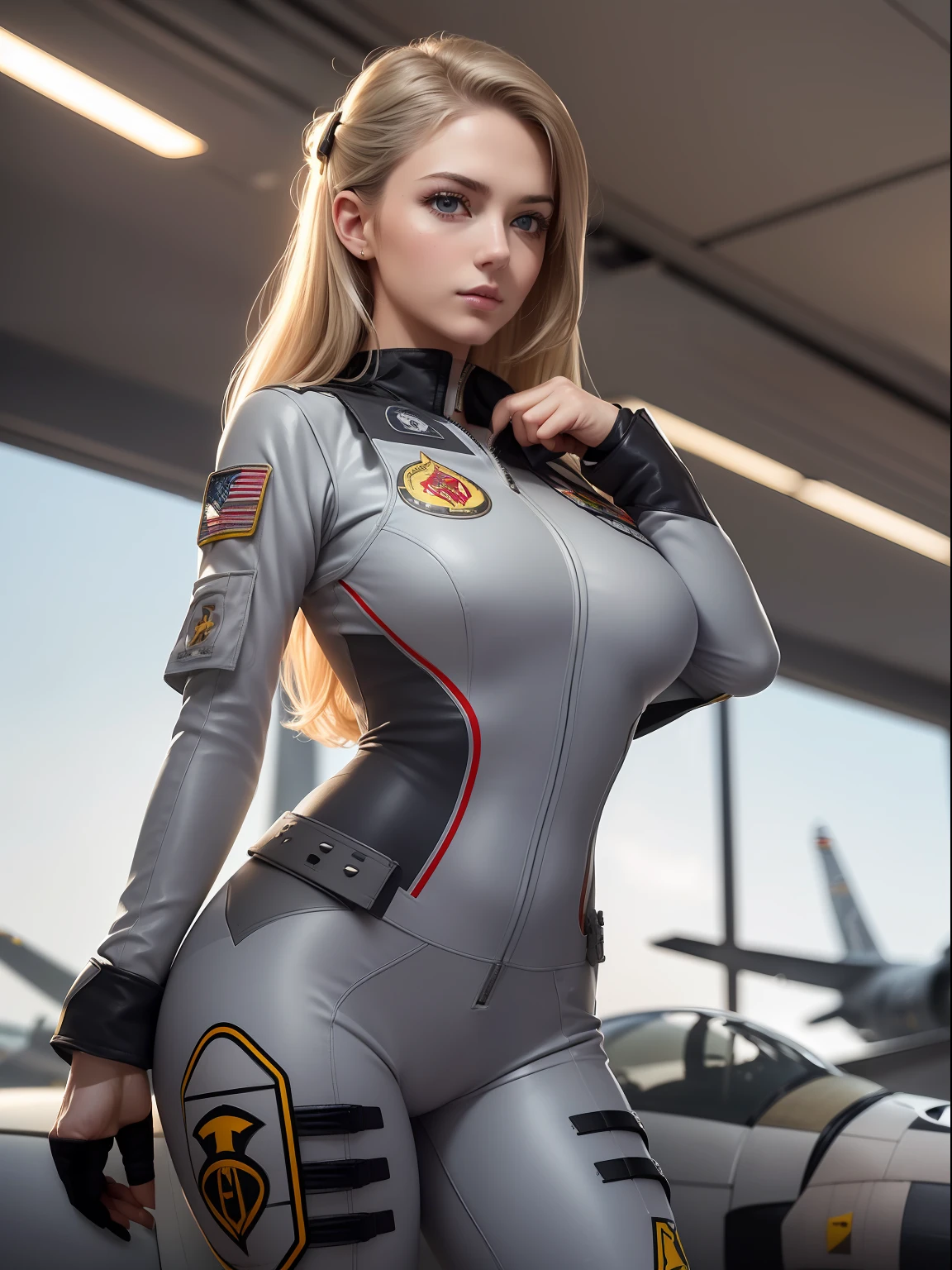 masuter piece, best qualtiy, (((realisitic, Photorealsitic:1.37))), ((独奏)), 8K image quality, Extremely delicate and beautiful, splendid, Official art with attention to detail, Ridiculous, Unbelievably ridiculous, huge filesize, ultra-detailliert, ighly detailed, (Pretty girl), (detailed girl), extremely detailed eye and face, Beautiful detailed eyes, Light makeup,, (Perfect female figure), large full breasts, Slim waist,big butts, (American Beauty), ((fullllbody)), ((Put the head in the frame)), blondehair, ((Female Fighter Pilot)), (((Full body fighter pilot suit))), ((Light gray color)), (Military Airports, Sunnyday),