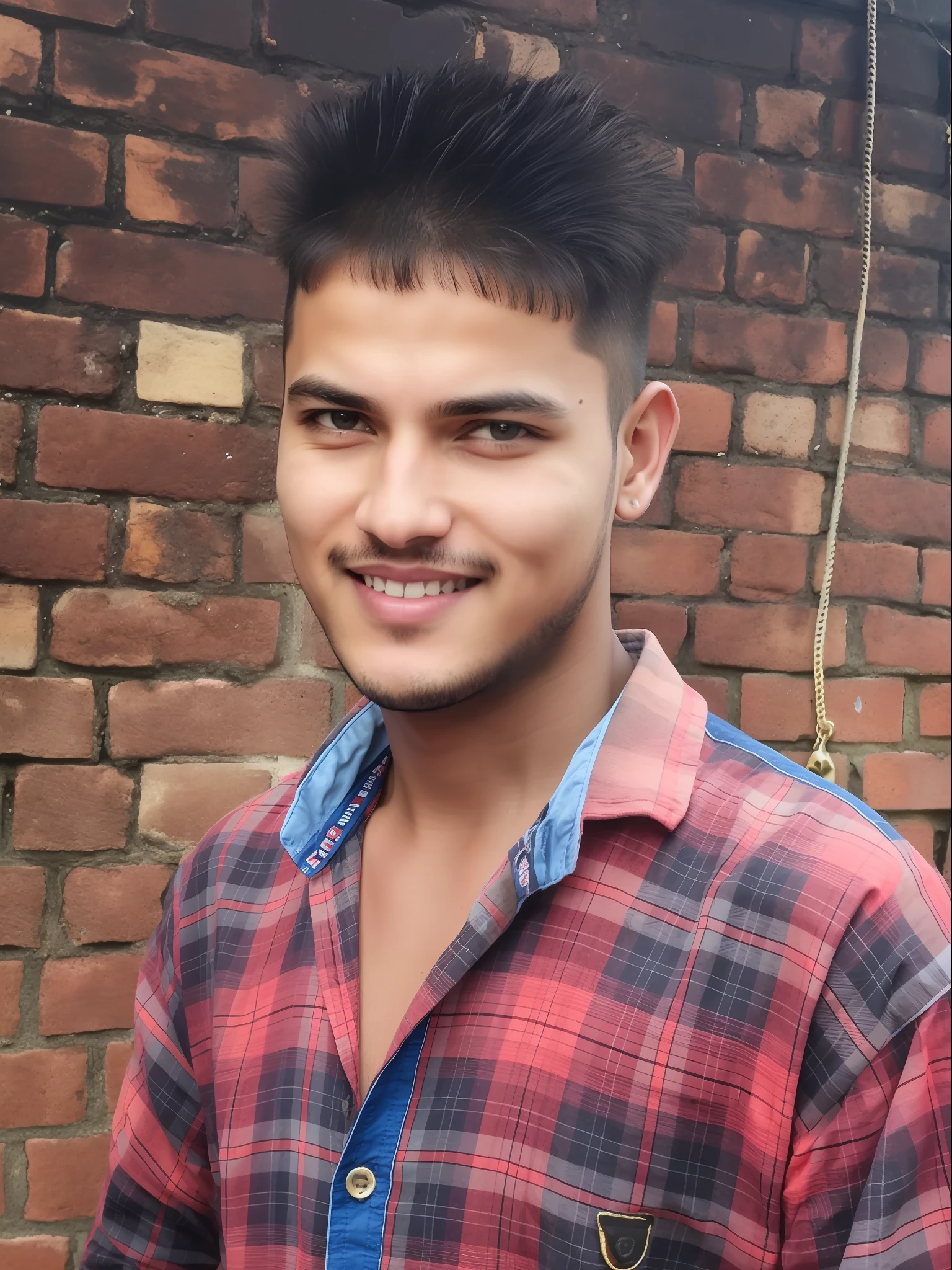 arafed man with a mohawkcut and plaid shirt standing in front of a brick wall, with accurate face, around 1 9 years old, with a beautifull smile, handsome face, good looking face, handsome face and beautiful face, ayan nag, front profile!!!!, friedly smile, vastayan, harsh good looking face, without beard, cute young man