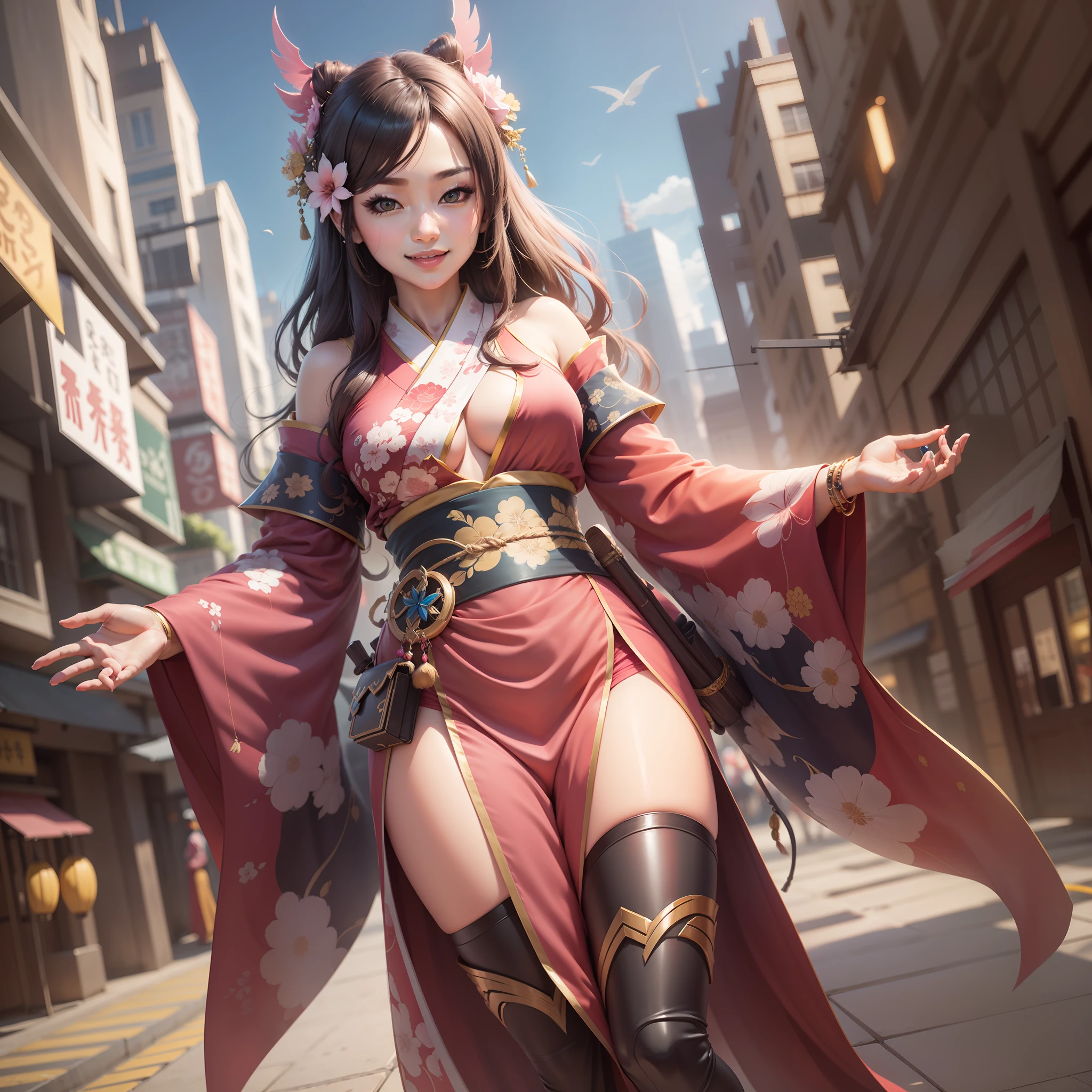 Character miya mobilelegend,,fullbody,8k,lookface camera,smile,sexy ,bigg payudara,kimono japanse,long hair,Archer queen,age30,image realistic ,city background ,pink payudara,