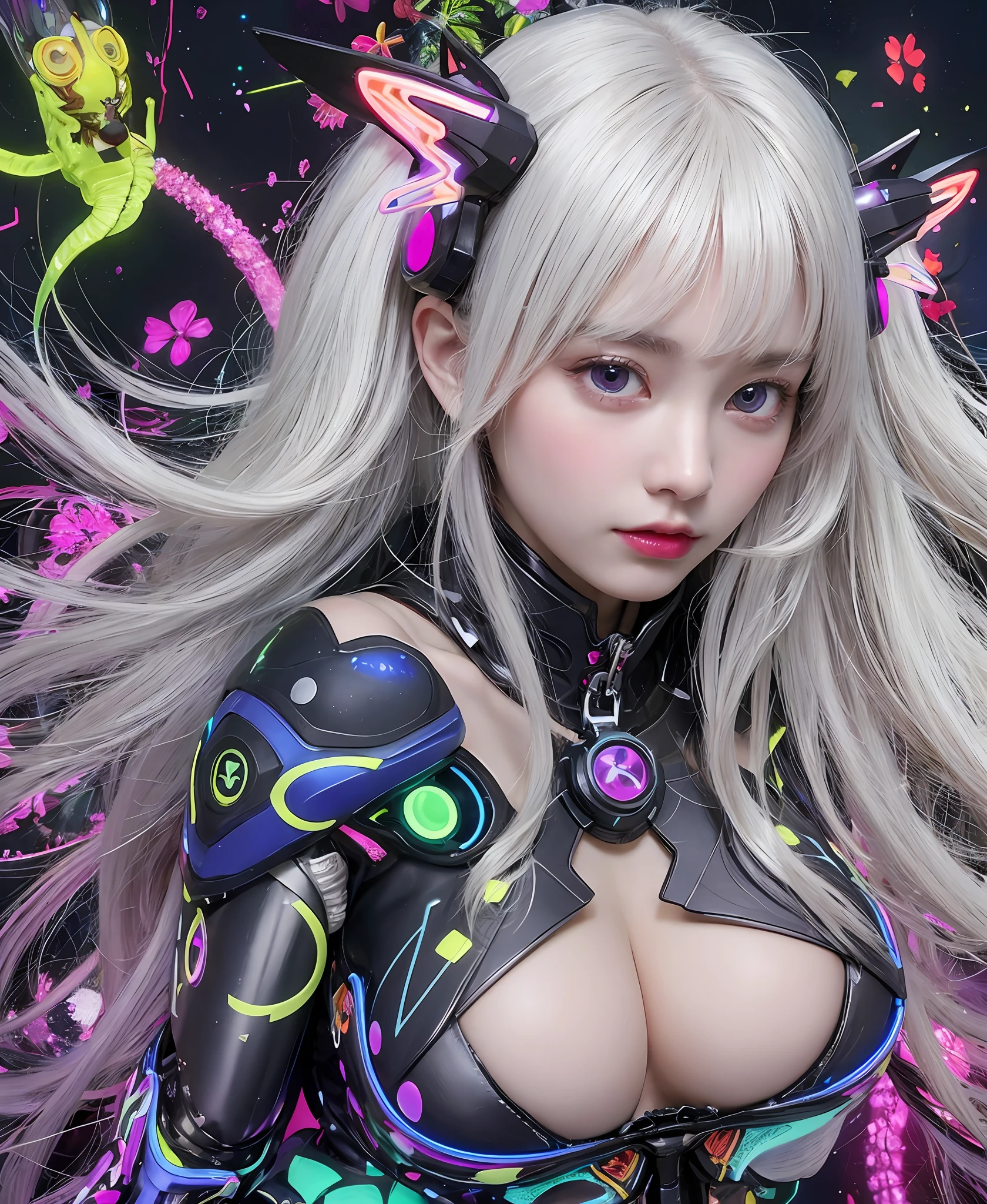 white  hair、long fluttering hair、strong breeze、a purple eye、Luminous Eyes、Mollusk girl、Colossal tits、The face and chest are alive、Cleavage is visible。photoRealstic、portfolio、Biotech Cyborg、Gothloli details、tentaculata、Detailed biocomponents、Bundle of thin tubes、sea anemones、Nudibranch、Luminous tube、Detailed neon、Fine LED、Fine parts