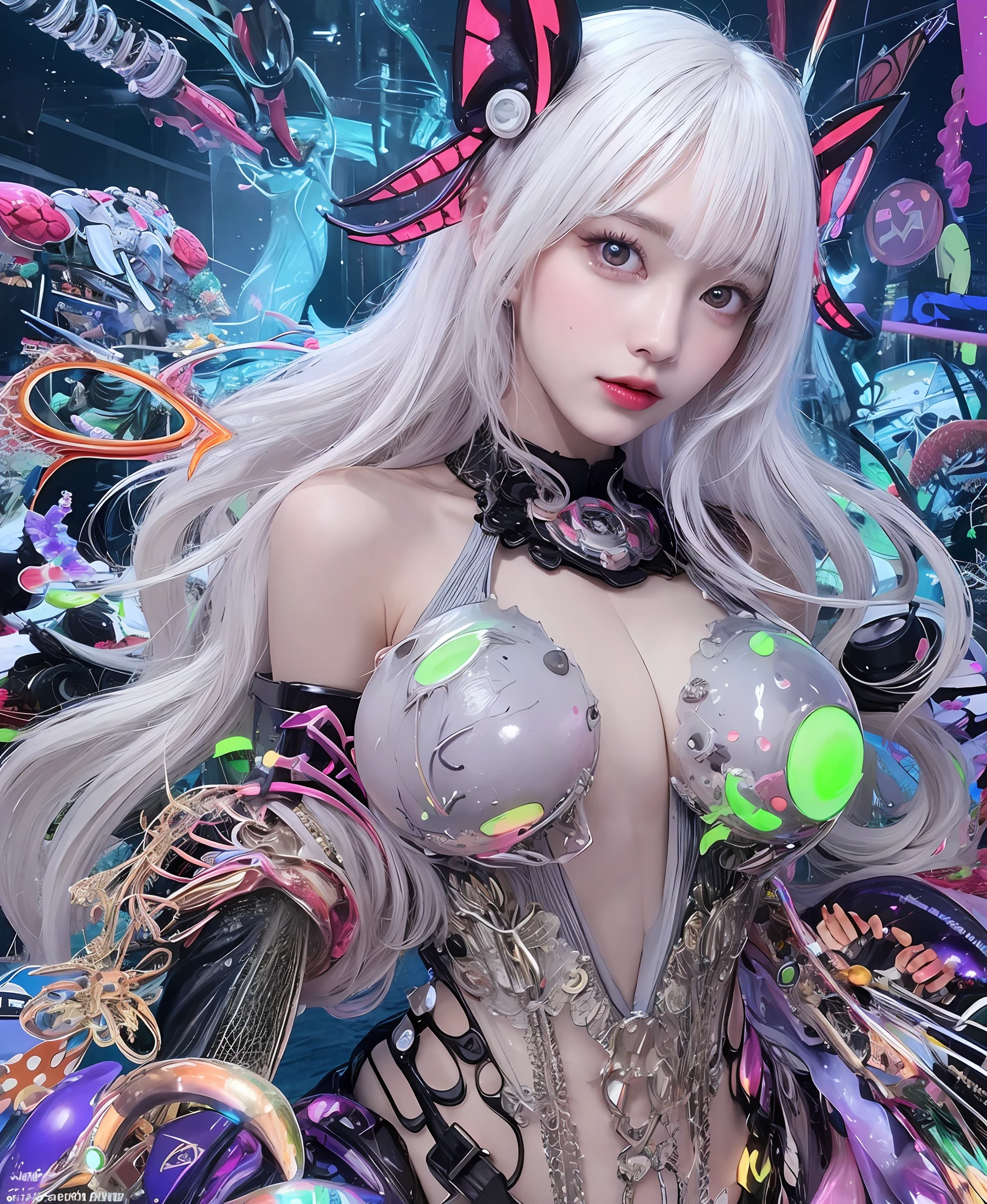 white  hair、long fluttering hair、strong breeze、a purple eye、Luminous Eyes、Mollusk girl、Colossal tits、The face and chest are alive、Cleavage is visible。photoRealstic、portfolio、Biotech Cyborg、Gothloli details、tentaculata、Detailed biocomponents、Bundle of thin tubes、sea anemones、Nudibranch、Luminous tube、Detailed neon、Fine LED、Fine parts