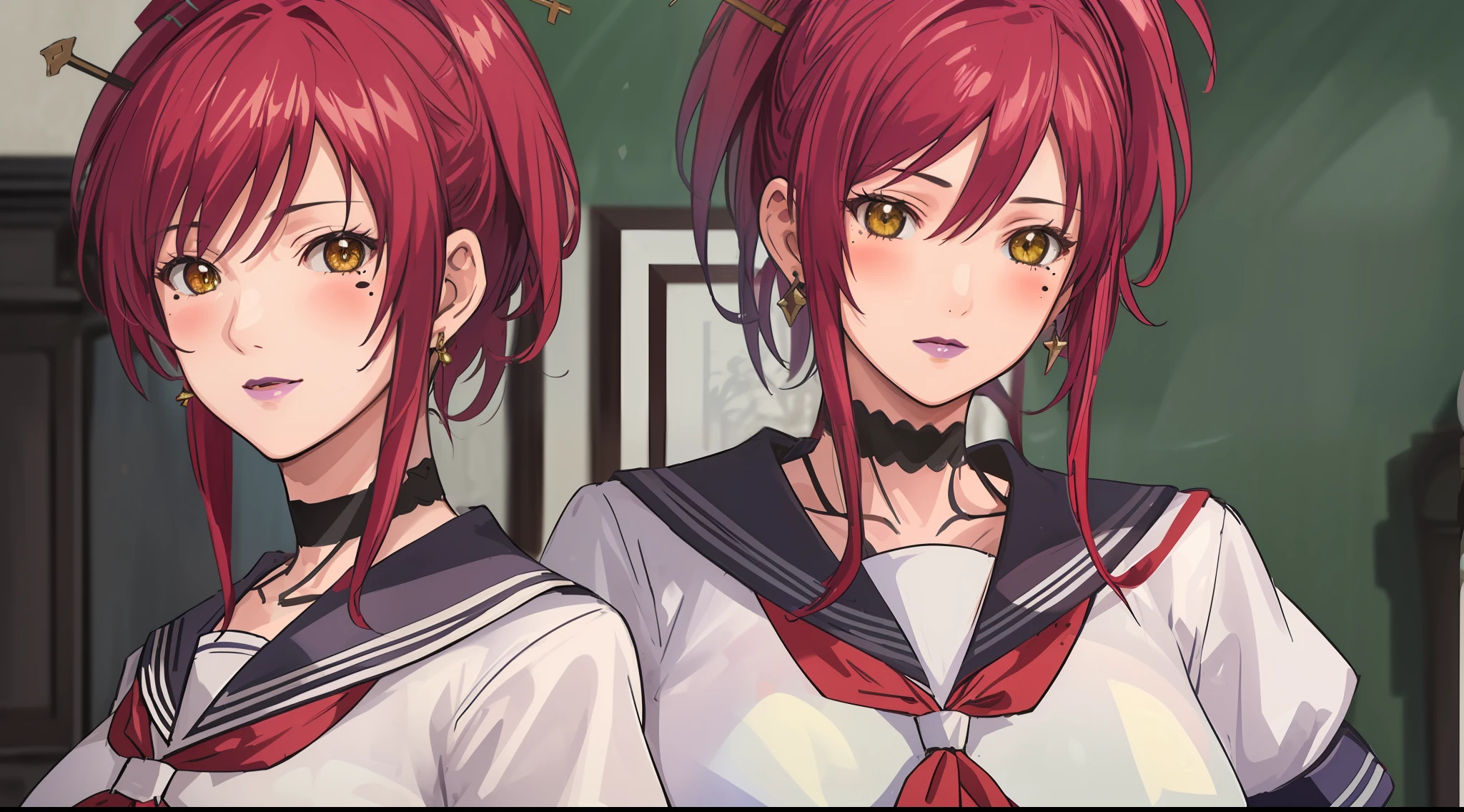(Masterpiece, Best Quality, High Quality:1.4), professional artwork, Intricate Details, field of view, sharp focus, detailed painting, photorealistic lighting, trending on pixiv, face shot, (vivid lighting, vibrant colors:1.05), realistic shadows, ambient occlusion,
Marie Mamiya, mature female, milf, solo, (curvy:1.1), luxury room, (half body shot:1.1), looking at viewer,
(red hair:1.05), hair ornament, lipstick, makeup, (mole under eye:0.9), choker, ultra detail hair, ultra detail face, (yellow glowing eyes:1.05), perfect eyes, perfect face, perfect retina, earrings, (seductive look, blush:1.15),
(school_uniform:1.4), choker, necklace, fingernails,
(Large Breasts:1.15)