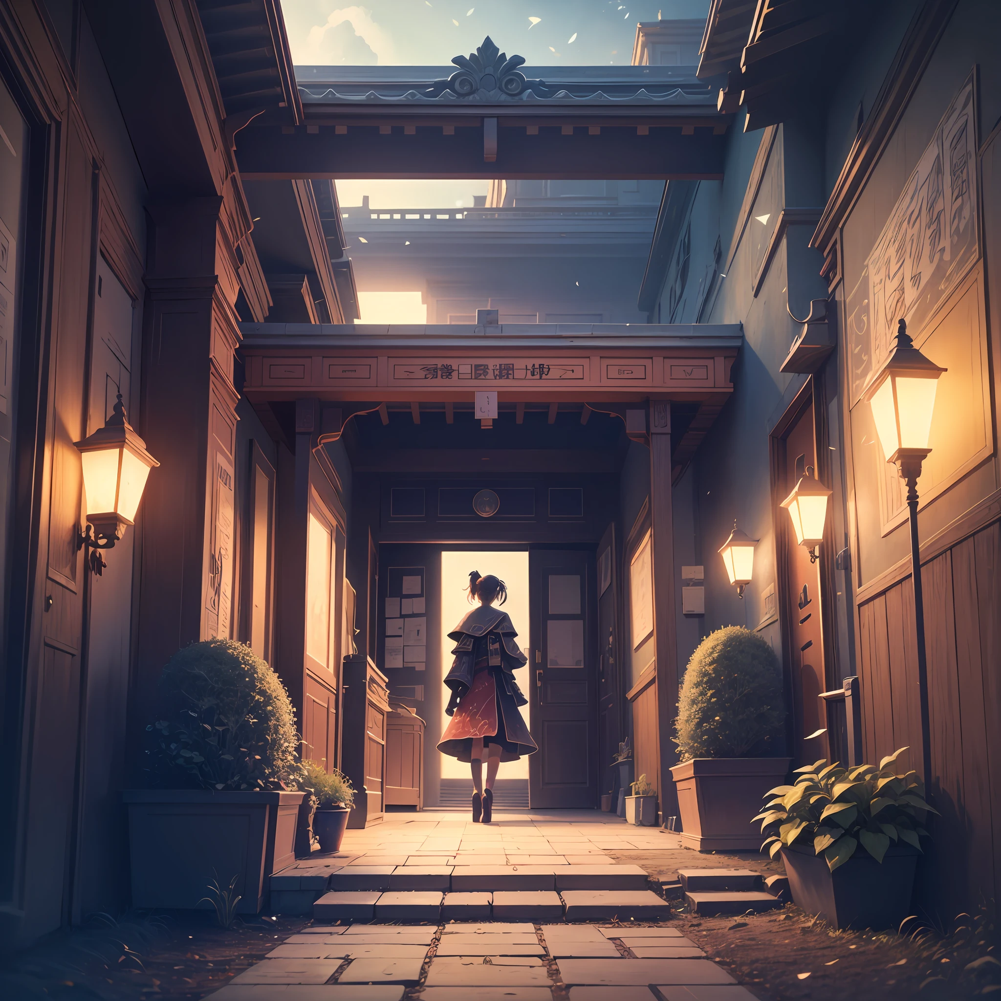 ,NOhumans,trpical garden,Shade lights,Sky lantern,Volumetriclighting,Plant branches and leaves,color difference,lightand shade contrast,visual novel key visual, key art, anime key visual concept, Epic light novel art cover, key visual, anime key art, anime key visual of elegant, light novel cover art, Key anime art, anime background key visual, anime key visual concept art of, Official anime artwork, Anime main visual effects "Small lanterns,early evening,Spring festival,Warm light source ,Ray traching --auto
