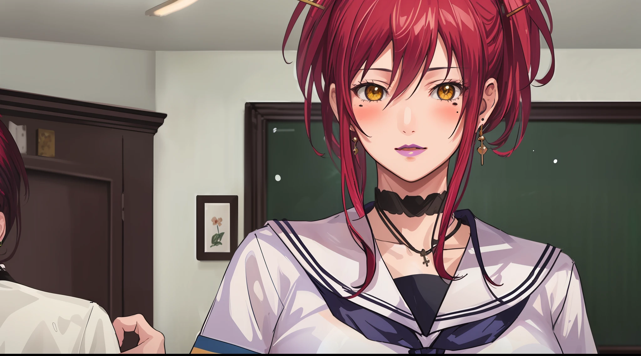 (Masterpiece, Best Quality, High Quality:1.4), professional artwork, Intricate Details, field of view, sharp focus, detailed painting, photorealistic lighting, trending on pixiv, face shot, (vivid lighting, vibrant colors:1.05), realistic shadows, ambient occlusion,
Marie Mamiya, female, milf, , (curvy:1.1), luxury room, (half body shot:1.1), looking at viewer,
(red hair:1.05), hair ornament, lipstick, makeup, (mole under eye:0.9), choker, ultra detail hair, ultra detail face, (yellow glowing eyes:1.05), perfect eyes, perfect face, perfect retina, earrings, (seductive look, blush:1.15),
(school_uniform:1.4), choker, necklace, fingernails,
(Large Breasts:1.