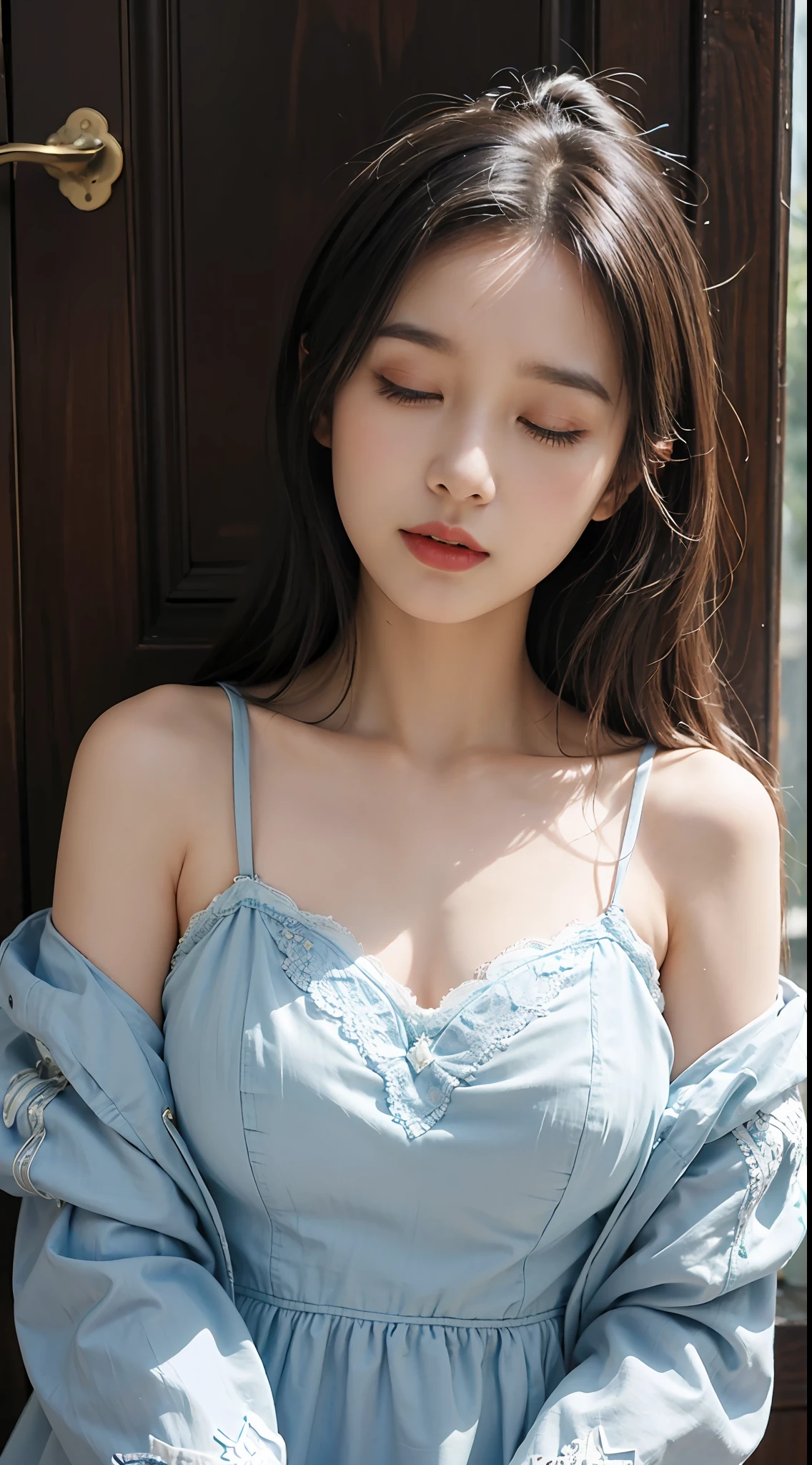 (tmasterpiece, high qulity, A high resolution,Highest picture quality),4K,Blue gauze dress, intricately details, Gorgeous and complex, cute female ,solo person,D cup chest,Naughty face, Closed eyes, Lick lip,toothache,Cover your chin