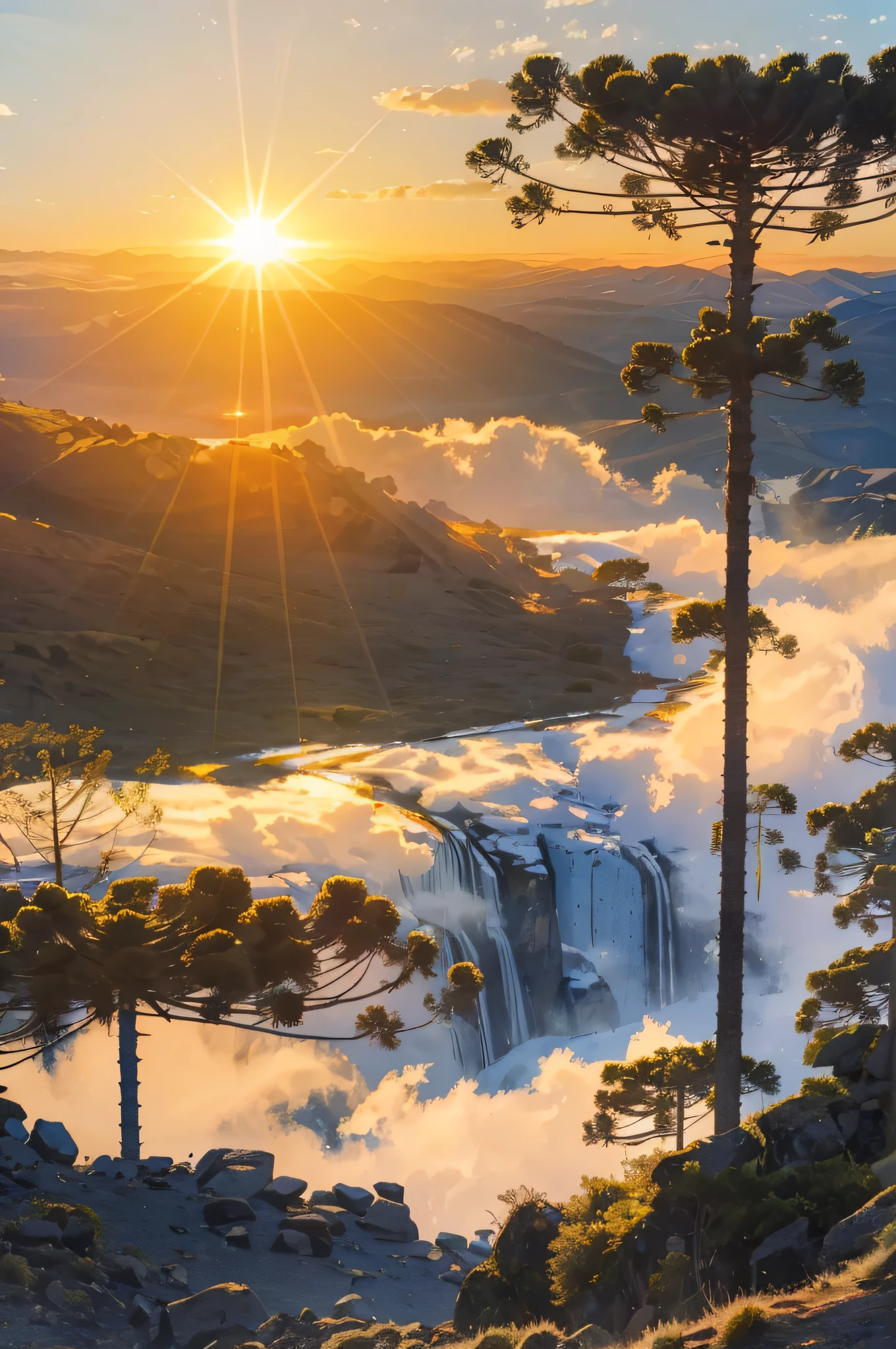 (best quality), masterpiece,illustration.,8k_raw,highres, (araucaria:1.2),mountain,waterfall,pike,  landscape, cloud,(sun),