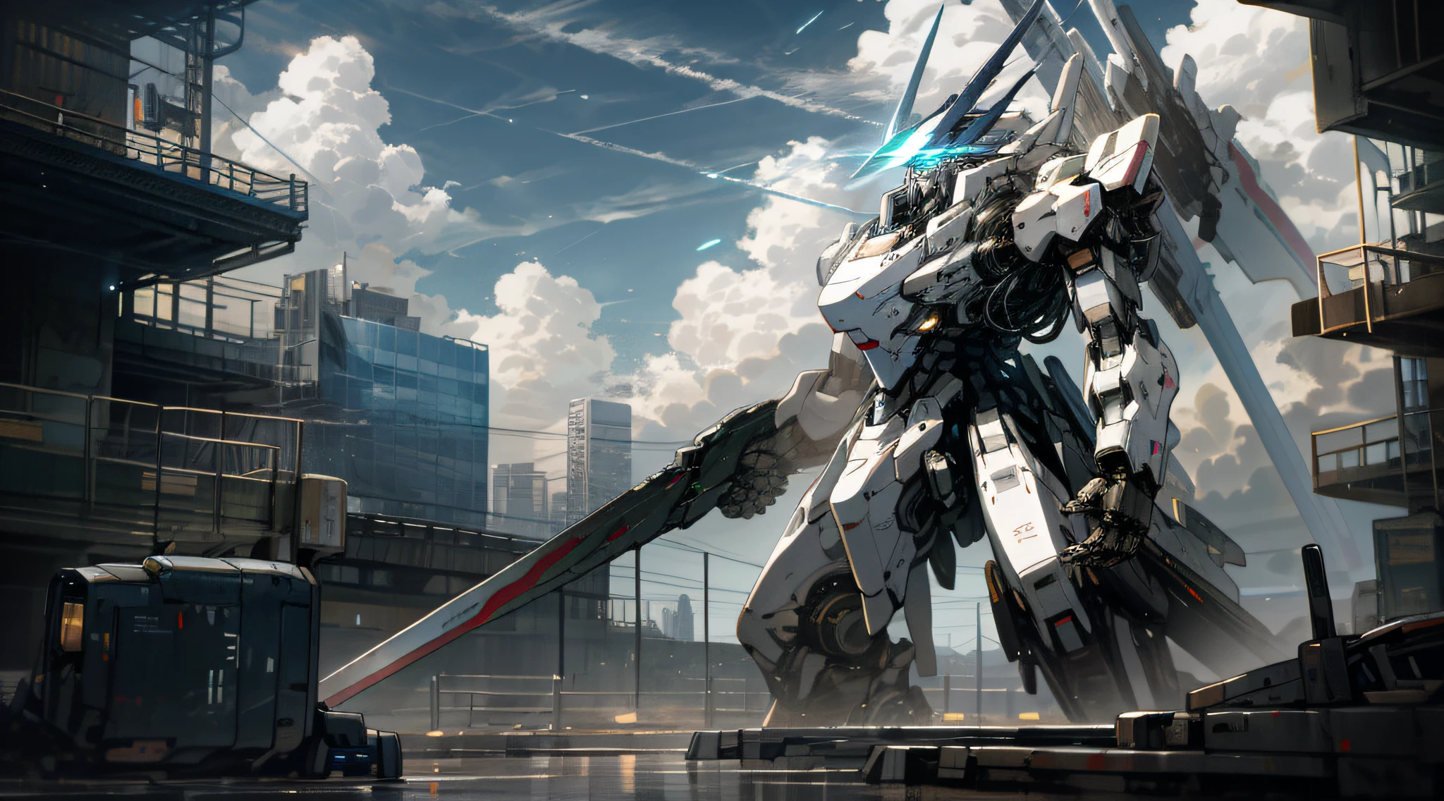 Sky, Clouds, holding_weapon, no_humans, Glow, Mecha, Architecture, Science Fiction, City, Reality