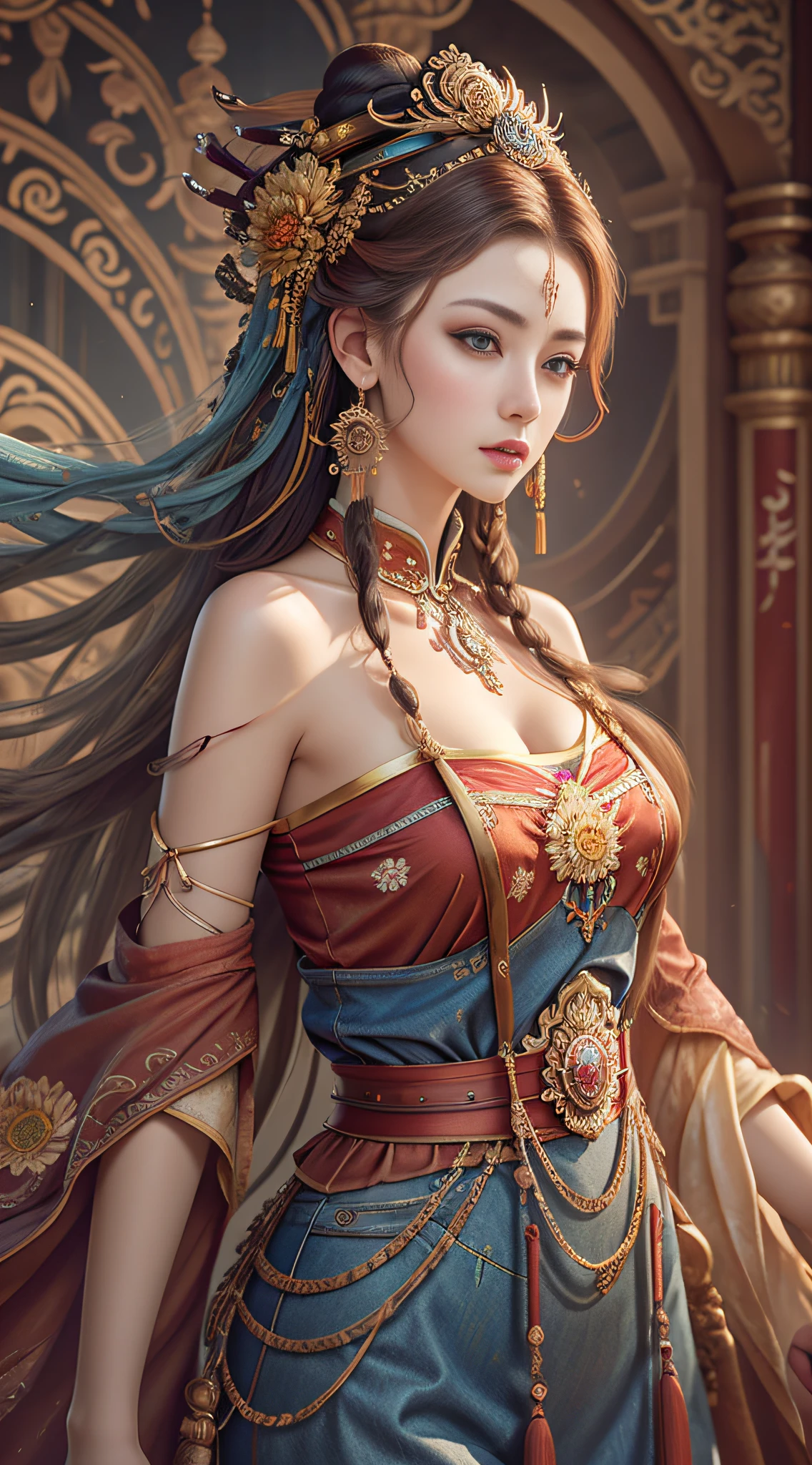 Best quality, masterpiece, ultra-detailed high resolution, (realistic: 1.4), original photos, illustrations,
1 Girl Holding Weapon, (Solo Exhibition: 1.2), (Denim Lens: 1.2), (Hair Crown: 1.2), Chinese Dunhuang Traditional Costume, No Straps, (Red Eyeliner: 1.2), (: 1.4), Earrings, Dynamic Angle, Opera House, messy_long_hair, Ink, Movie Lights, lens_flare, Velvet, Chrysanthemum, Tassels, Ribbons, Color Embroidery,