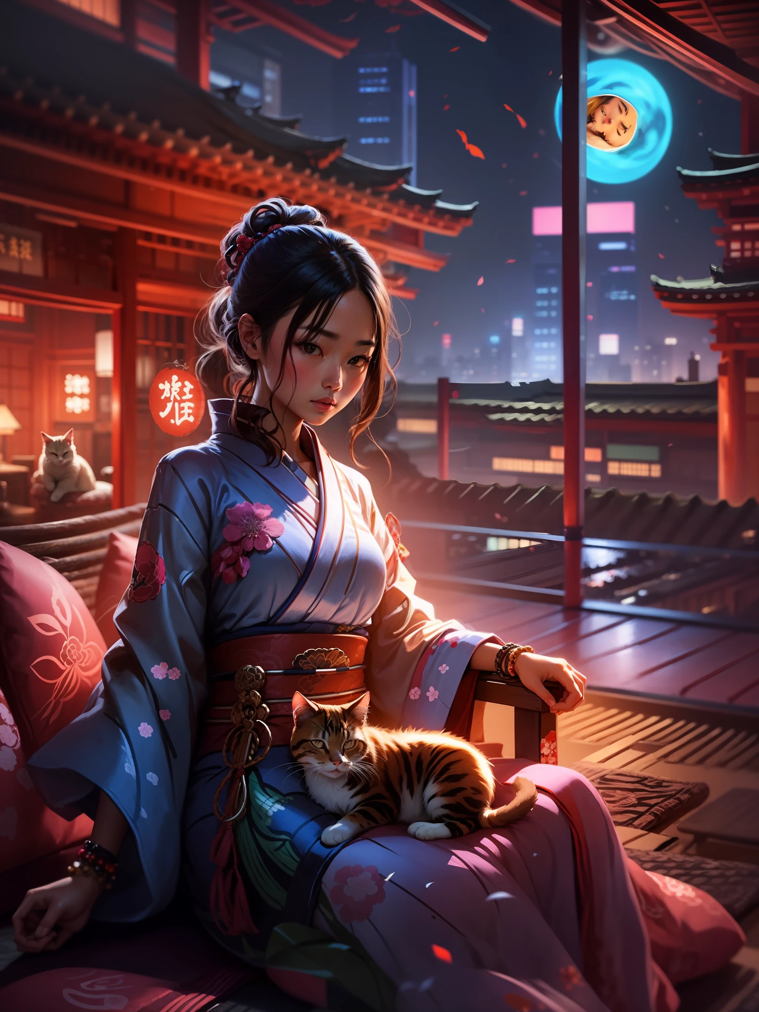 there is a woman laying on a couch with a cat, japanese girl, wearing Japanese dress,rooftop,night