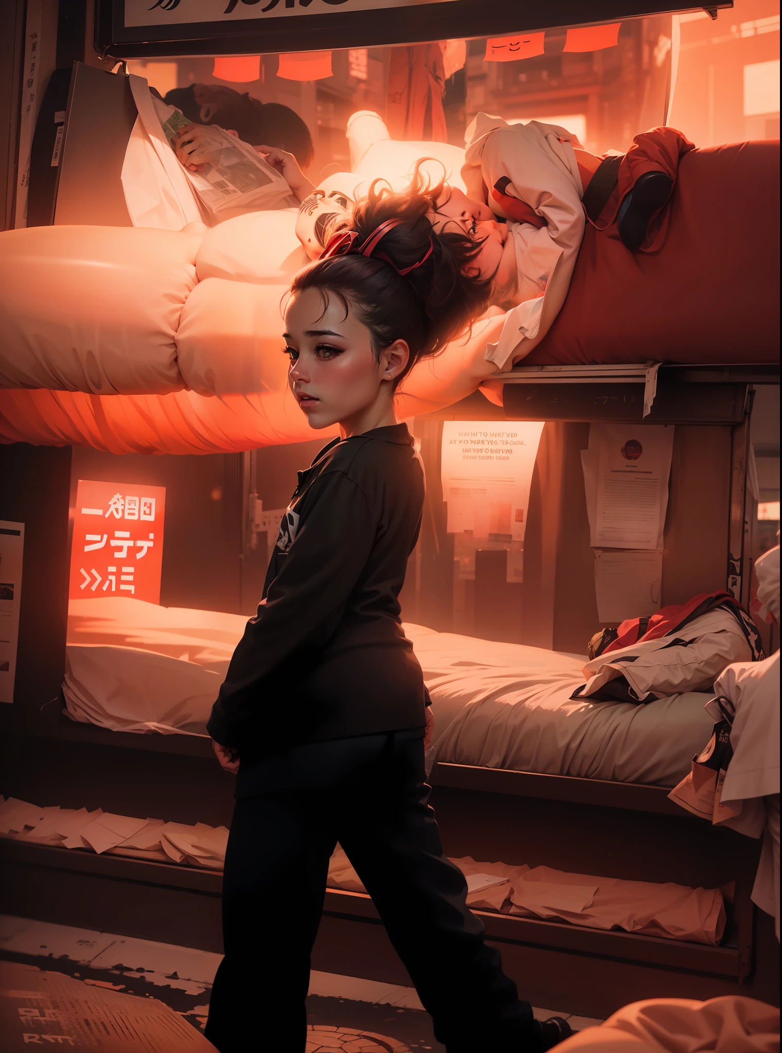 Viendo un rojo y hermoso atardecer en las calles de tokio llenas de carteles de neon