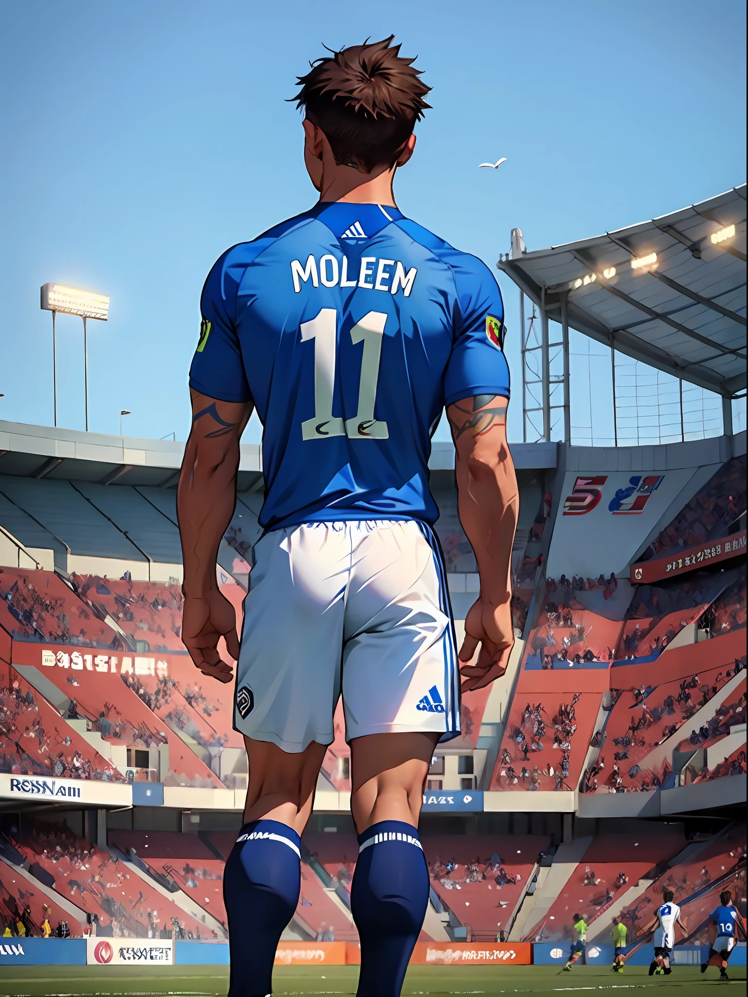 A soccer player stands on the soccer field, Turn his back to the camera，Wearing number 10 blue shirt，In the distance are spectators in the stands