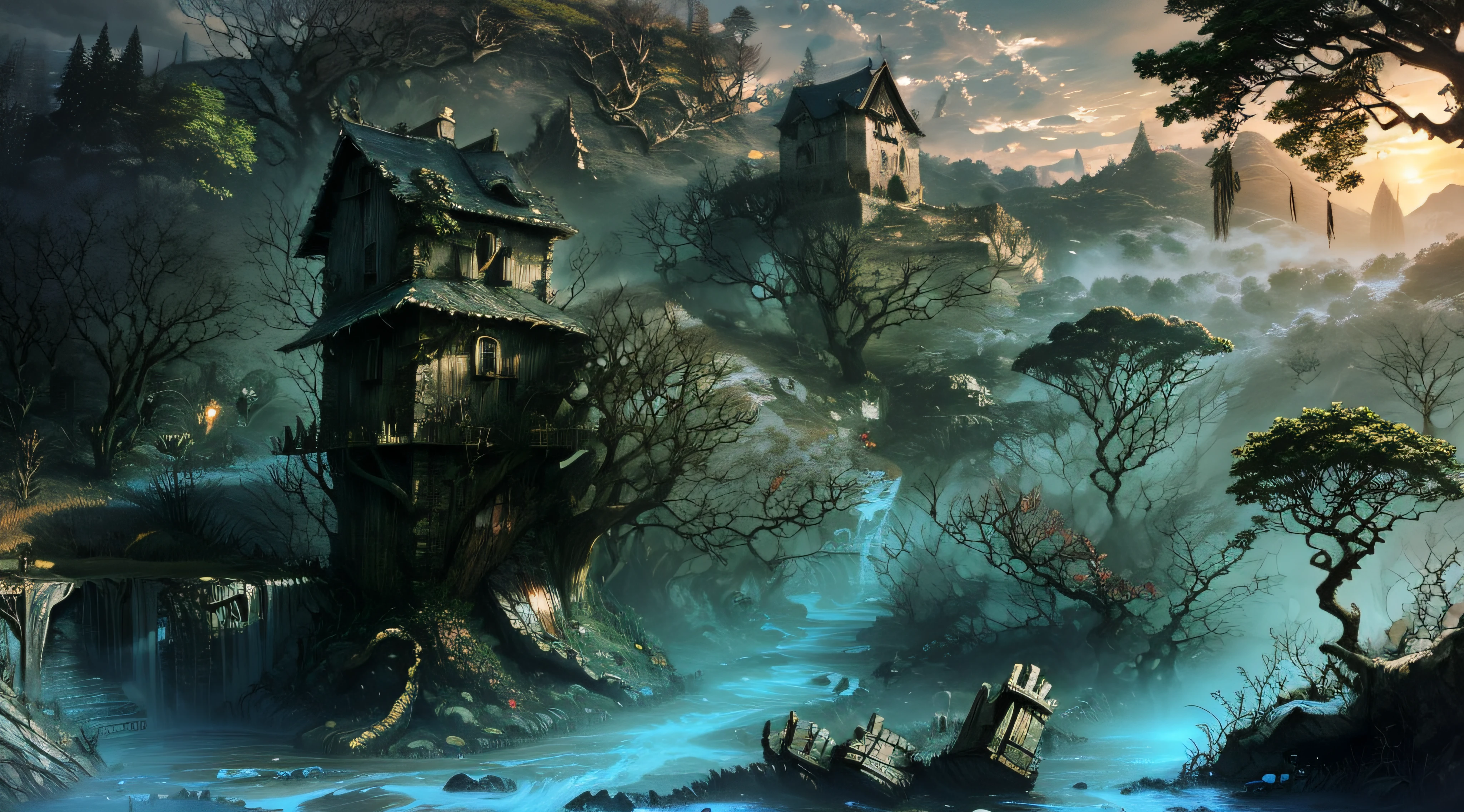 Gigantic colorful trees with many vines, palmeiras, coqueiro, fallen logs, a watermill with a waterwheel, moinho de vento, numa cachoeira exuberante, rio com grandes rochas hiper realista, sky with clouds, sol, lua, global ilumination, profundidade de campo,