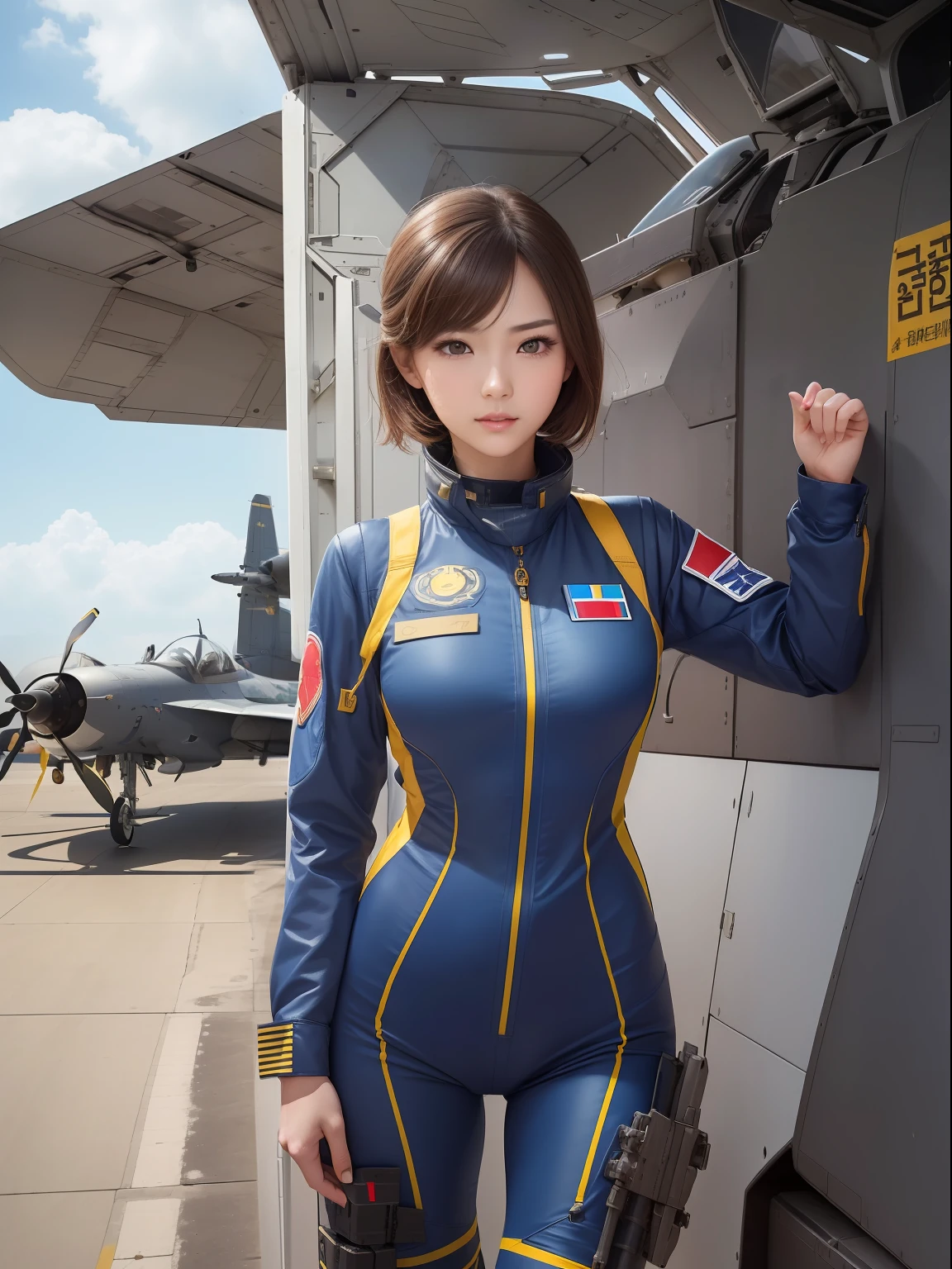 masuter piece, best qualtiy, (((realisitic, Photorealsitic:1.37))), ((独奏)), 8K image quality, Extremely delicate and beautiful, splendid, Official art with attention to detail, Ridiculous, Unbelievably ridiculous, huge filesize, ultra-detailliert, ighly detailed, (Pretty girl), (detailed girl), extremely detailed eye and face, Beautiful detailed eyes, Light makeup,, (Slender and perfect female figure), (Korean beauty), ((fullllbody)), ((Put the head in the frame)), Brown hair, ((Female Fighter Pilot)), (((Full body fighter pilot suit))), ((darkblue)), (Military Airports, Sunnyday),