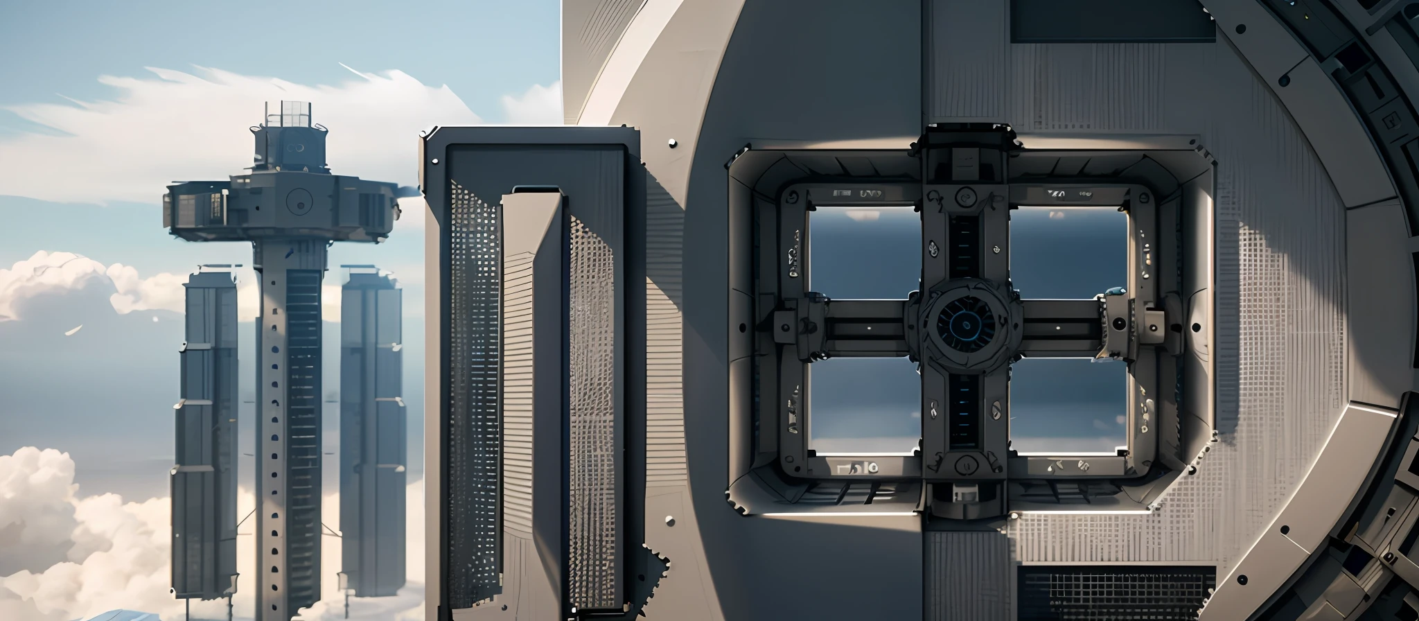 There is a large metal structure,There is a window in the middle, greeble detail, high detail 4k render, intricately details. illusory engine, Spaceship window, detailed futuristic architecture, cinematic architectural scale, extreme hight detail, micro detail 4k, high detail 8 k render, high detail 8k render, hyper detailed 3d render, hyper detailed 3d render,Ultra-clear details