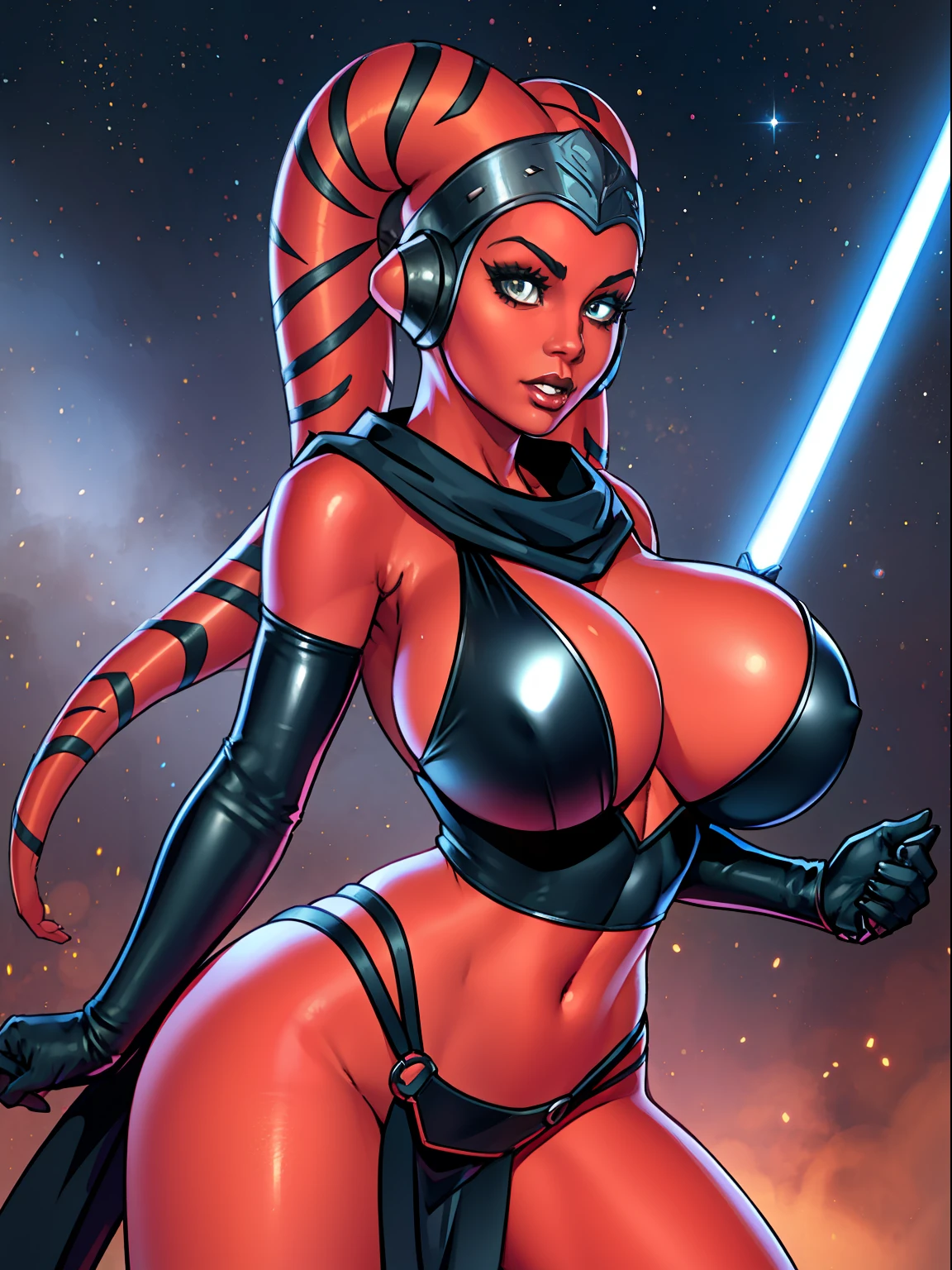 busty, (((gigantic boobs))), ((red skin), twi'lek), dancing seductively, sexy space dancer, (wearing black tunic, tabard, cowl, body glove, straps, buckles, long skirts, long sleeves, fantasy), ((busty), slender body, thin, slim sexy body, slim waist, long legs, toned legs, ((((gigantic breasts))))), Imperial starship, Star Wars,