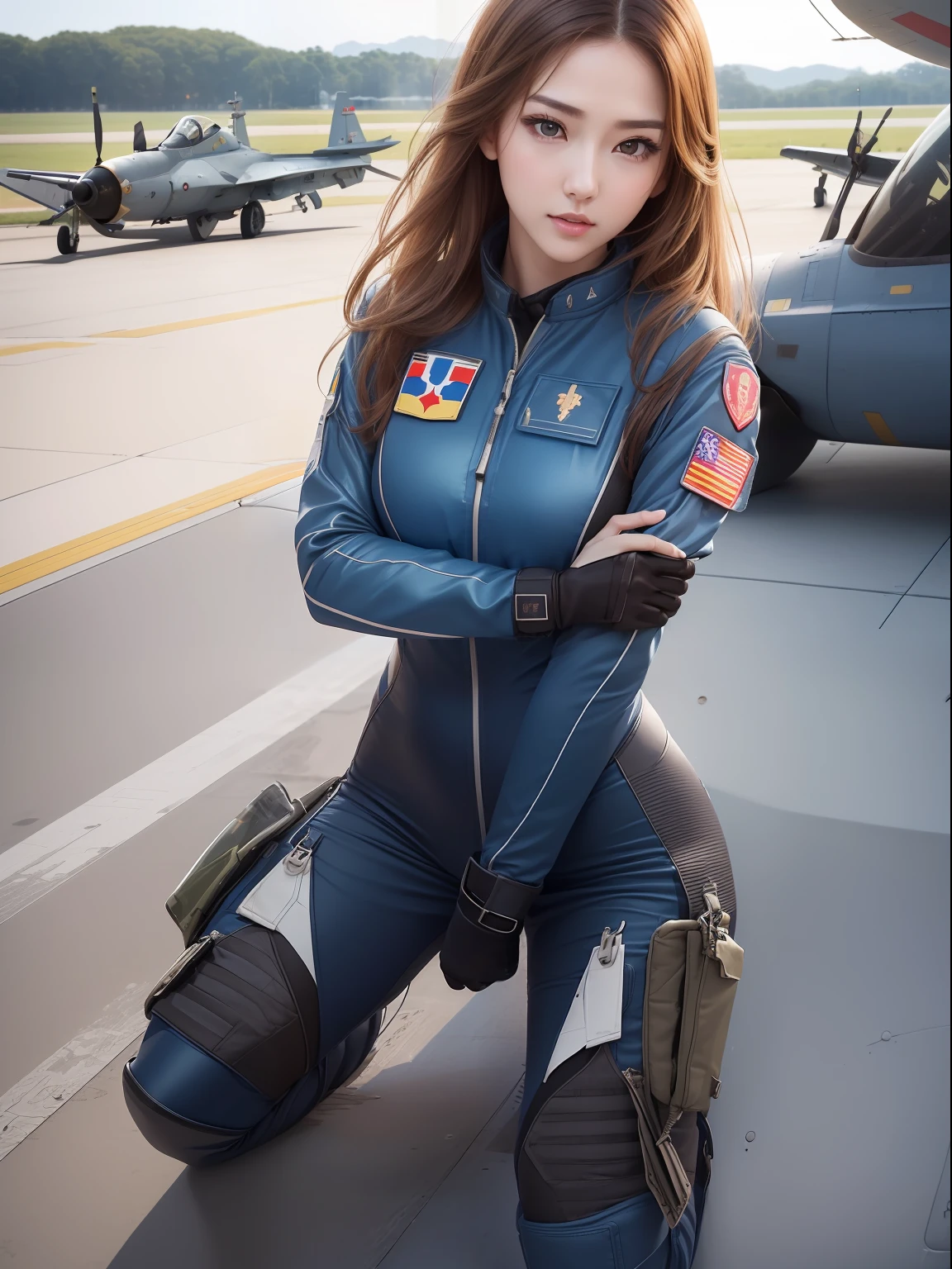 masuter piece, best qualtiy, (((realisitic, Photorealsitic:1.37))), ((独奏)), 8K image quality, Extremely delicate and beautiful, splendid, Official art with attention to detail, Ridiculous, Unbelievably ridiculous, huge filesize, ultra-detailliert, ighly detailed, (Pretty girl), (detailed girl), extremely detailed eye and face, Beautiful detailed eyes, Light makeup,, (Slender and perfect female figure), (Korean beauty), ((fullllbody)), ((Put the head in the frame)), Brown hair, ((Female Fighter Pilot)), (((Full body fighter pilot suit))), ((Blue color)), (Military Airports, Sunnyday),