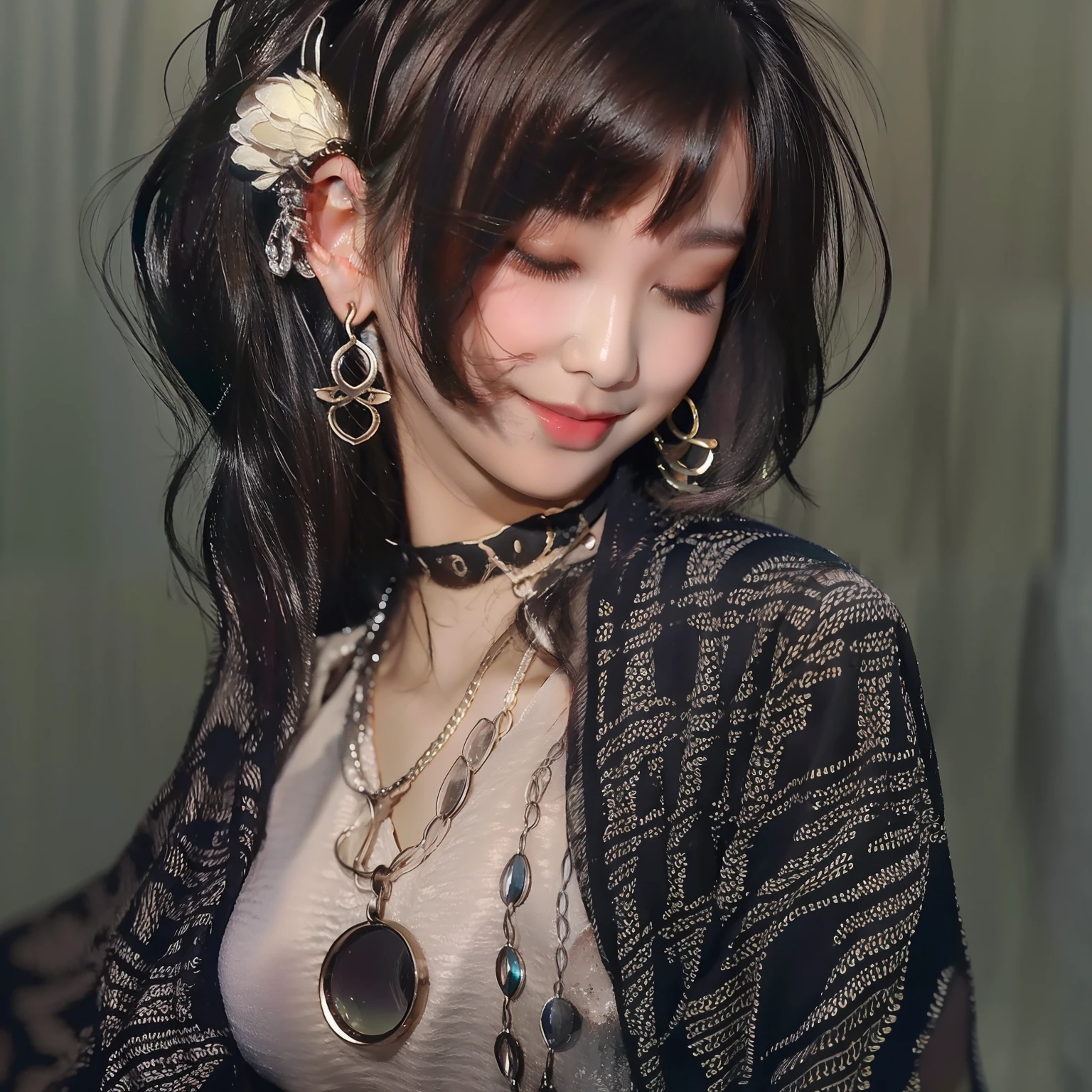 Black hair, Empty eyes, earrings, Smile, viewfinder, depth of fields, nffsw, high details、full bodyesbian