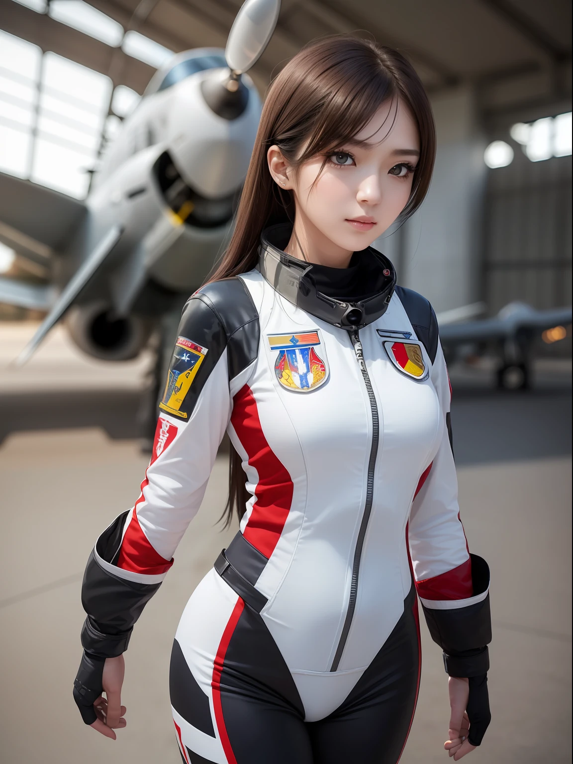masuter piece, best qualtiy, (((realisitic, Photorealsitic:1.37))), ((独奏)), 8K image quality, Extremely delicate and beautiful, splendid, Official art with attention to detail, Ridiculous, Unbelievably ridiculous, huge filesize, ultra-detailliert, ighly detailed, (Pretty girl), (detailed girl), extremely detailed eye and face, Beautiful detailed eyes, Light makeup,, (Slender and perfect female figure), (Korean Beauties), ((fullllbody)), ((Put the head in the frame)), A dark-haired, ((Female Fighter Pilot)), (((Full body fighter pilot suit,Crimson))), (Military Airports, Sunnyday),