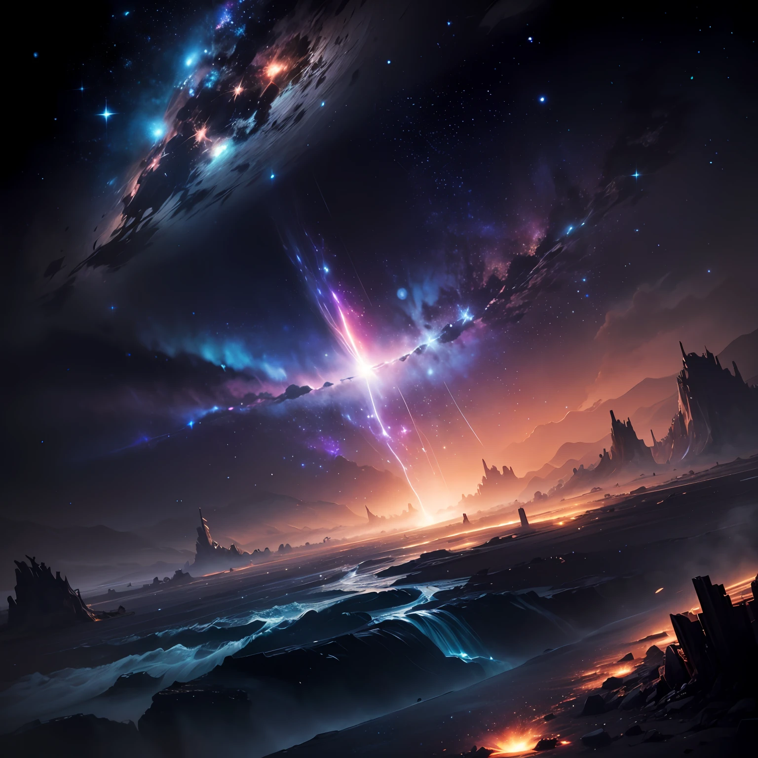 Dark and empty，The stars are shining，Fragmented planet，Galaxies in the distance，A cosmic scene of starlight flowing。 --auto