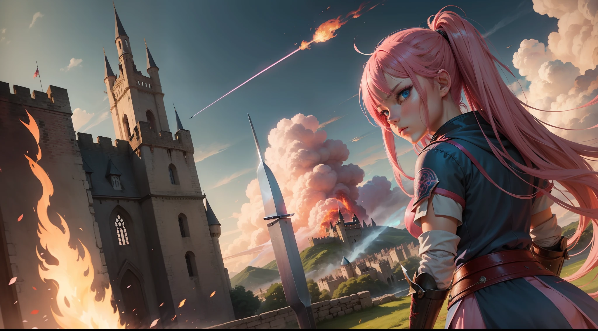 anime girl with pink hair, with blue eyes, with a sword in her hand, with a sad face, full of fire arrows in the sky, and the castle in the background is on fire