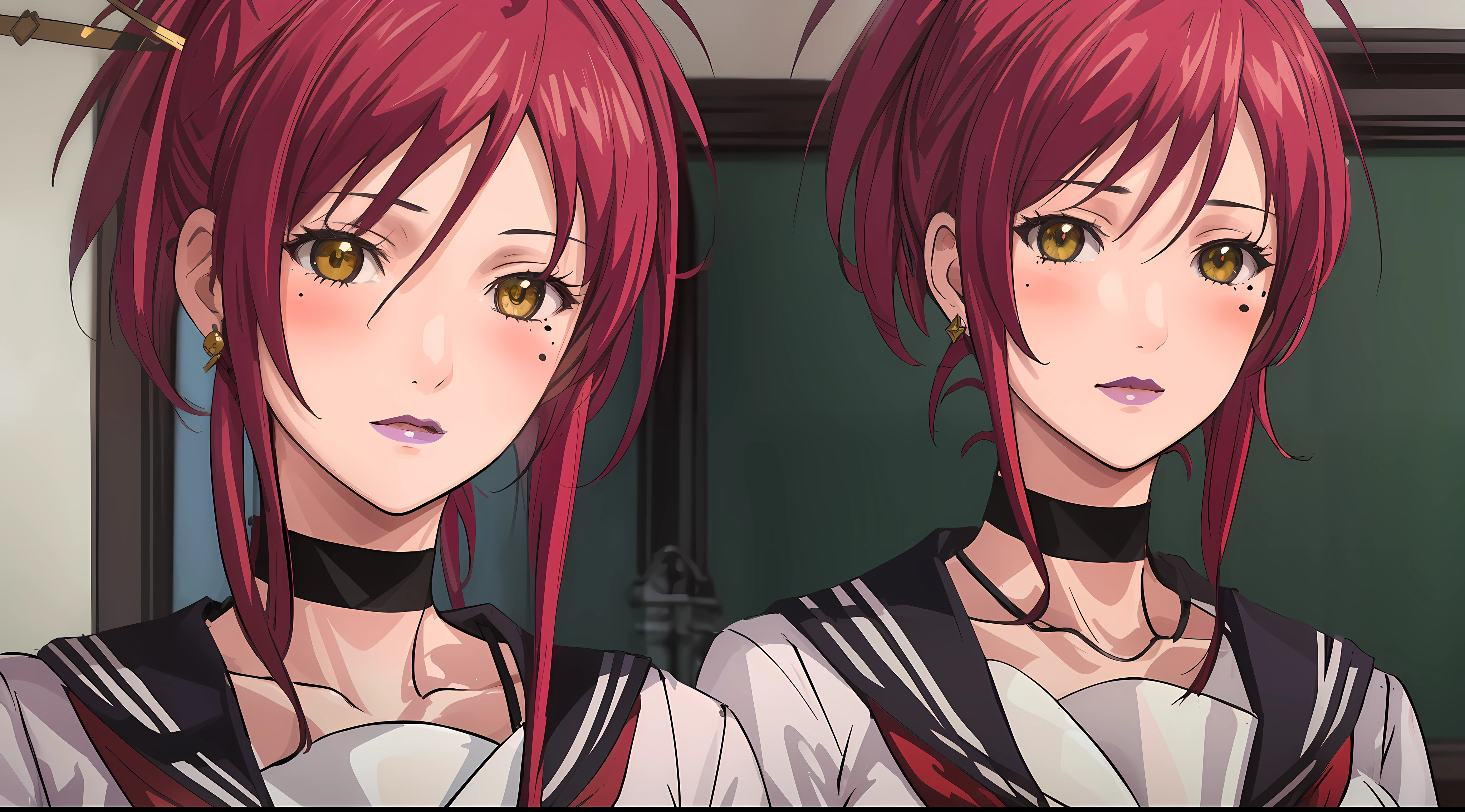 (Masterpiece, Best Quality, High Quality:1.4), professional artwork, Intricate Details, field of view, sharp focus, detailed painting, photorealistic lighting, trending on pixiv, face shot, (vivid lighting, vibrant colors:1.05), realistic shadows, ambient occlusion,
Marie Mamiya, mature female, milf, solo, (curvy:1.1), luxury room, (half body shot:1.1), looking at viewer,
(red hair:1.05), hair ornament, lipstick, makeup, (mole under eye:0.9), choker, ultra detail hair, ultra detail face, (yellow glowing eyes:1.05), perfect eyes, perfect face, perfect retina, earrings, (seductive look, blush:1.15),
(school_uniform:1.4), choker, necklace, fingernails,
(Large Breasts:1.15)