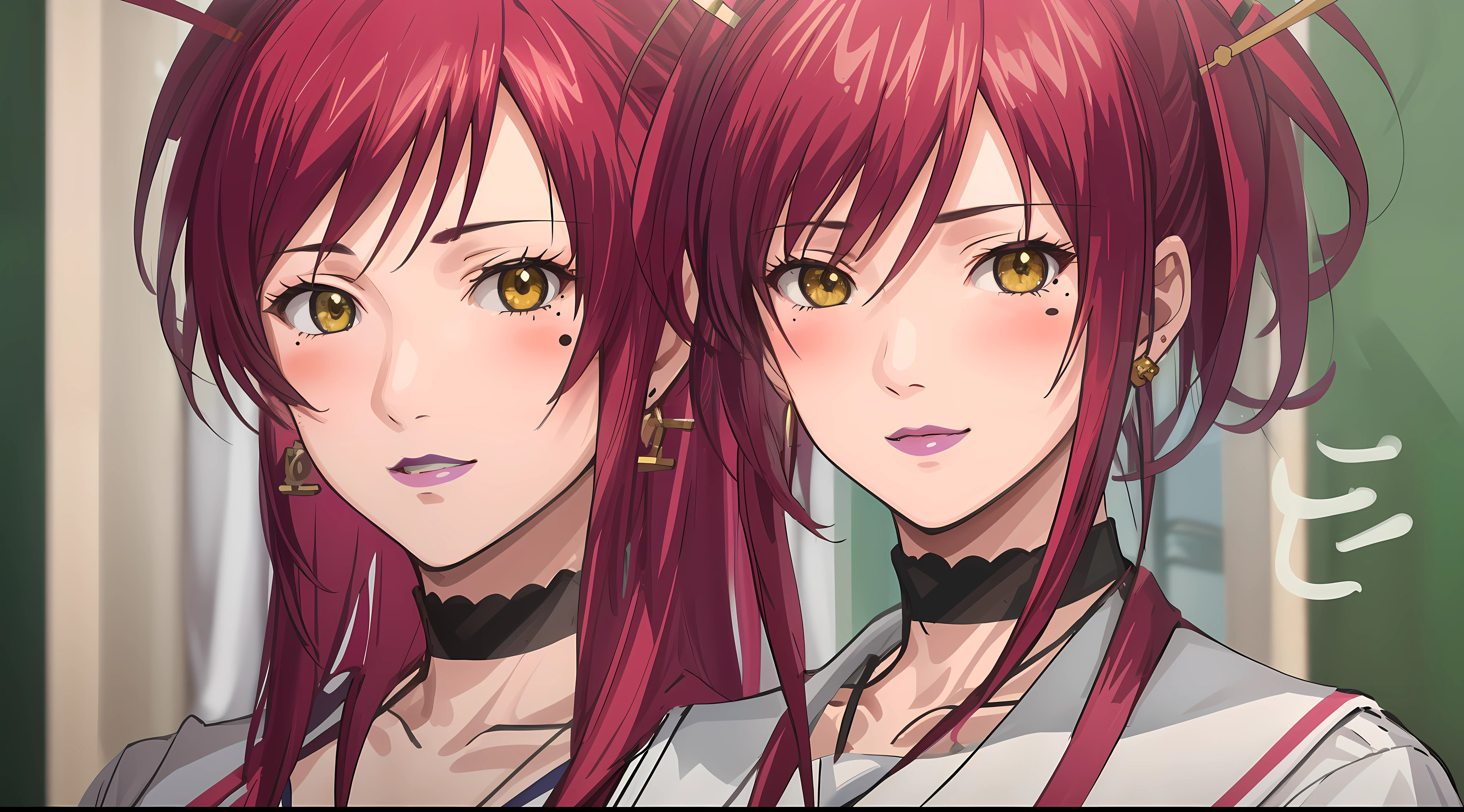 (Masterpiece, Best Quality, High Quality:1.4), professional artwork, Intricate Details, field of view, sharp focus, detailed painting, photorealistic lighting, trending on pixiv, face shot, (vivid lighting, vibrant colors:1.05), realistic shadows, ambient occlusion,
Marie Mamiya, mature female, milf, solo, (curvy:1.1), luxury room, (half body shot:1.1), looking at viewer,
(red hair:1.05), hair ornament, lipstick, makeup, (mole under eye:0.9), choker, ultra detail hair, ultra detail face, (yellow glowing eyes:1.05), perfect eyes, perfect face, perfect retina, earrings, (seductive look, blush:1.15),
(school_uniform:1.4), choker, necklace, fingernails,
(Large Breasts:1.15)
