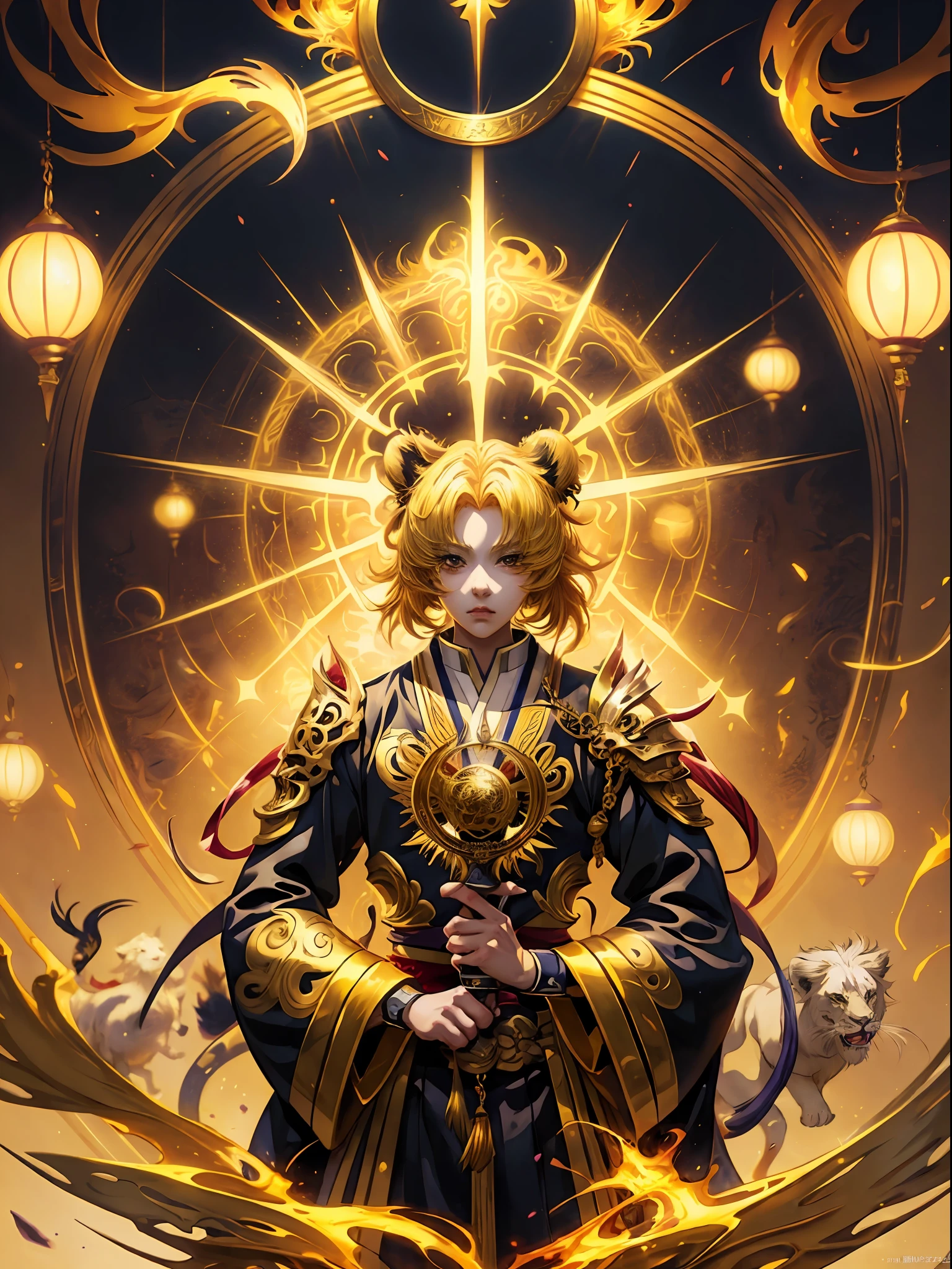 A stunningly beautiful magical golden Leo astrolabe painting of a yellow-haired girl with a lion next to her, anime style 4 k, anime art wallpaper 8 k, anime art wallpaper 4 k, anime art wallpaper 4k, detailed digital anime art, anime fantasy artwork, anime fantasy illustration, by Yuumei, beautiful anime artwork, onmyoji detailed art, 4k anime wallpaper