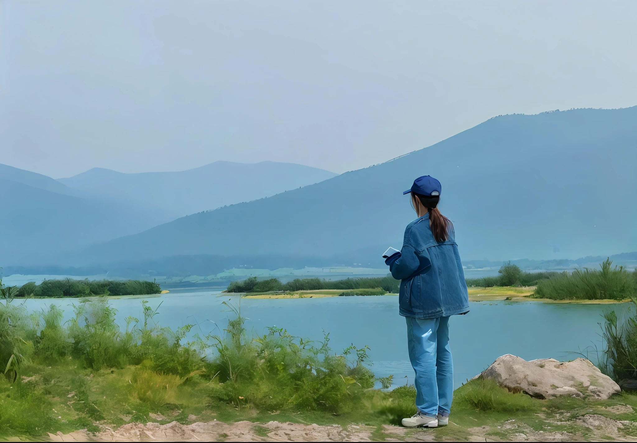 There was a woman standing on a hill overlooking the lake, looking at the mountains, girl standing on mountain, Stand in front of Mt, perto de um lago, panoramic view of girl, gazing at the water, looking at the distance, standing in a lake, Girl standing on a cliff, in the middle of nature, standing next to water, in a scenic background
