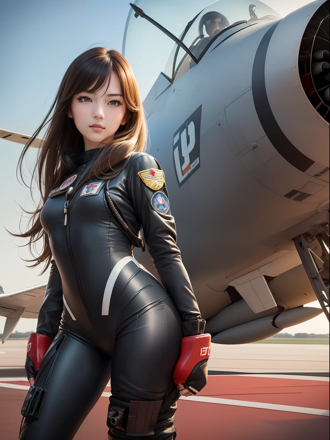masuter piece, best qualtiy, (((realisitic, Photorealsitic:1.37))), ((独奏)), 8K image quality, Extremely delicate and beautiful, splendid, Official art with attention to detail, Ridiculous, Unbelievably ridiculous, huge filesize, ultra-detailliert, ighly detailed, (Pretty girl), (detailed girl), extremely detailed eye and face, Beautiful detailed eyes, Light makeup,, (Slender and perfect female figure), (The beauty of the Japan), ((fullllbody)), ((Put the head in the frame)), A dark-haired, ((Female Fighter Pilot)), (((Full body fighter pilot suit))), ((scarlet)), (Military Airports, Sunnyday),