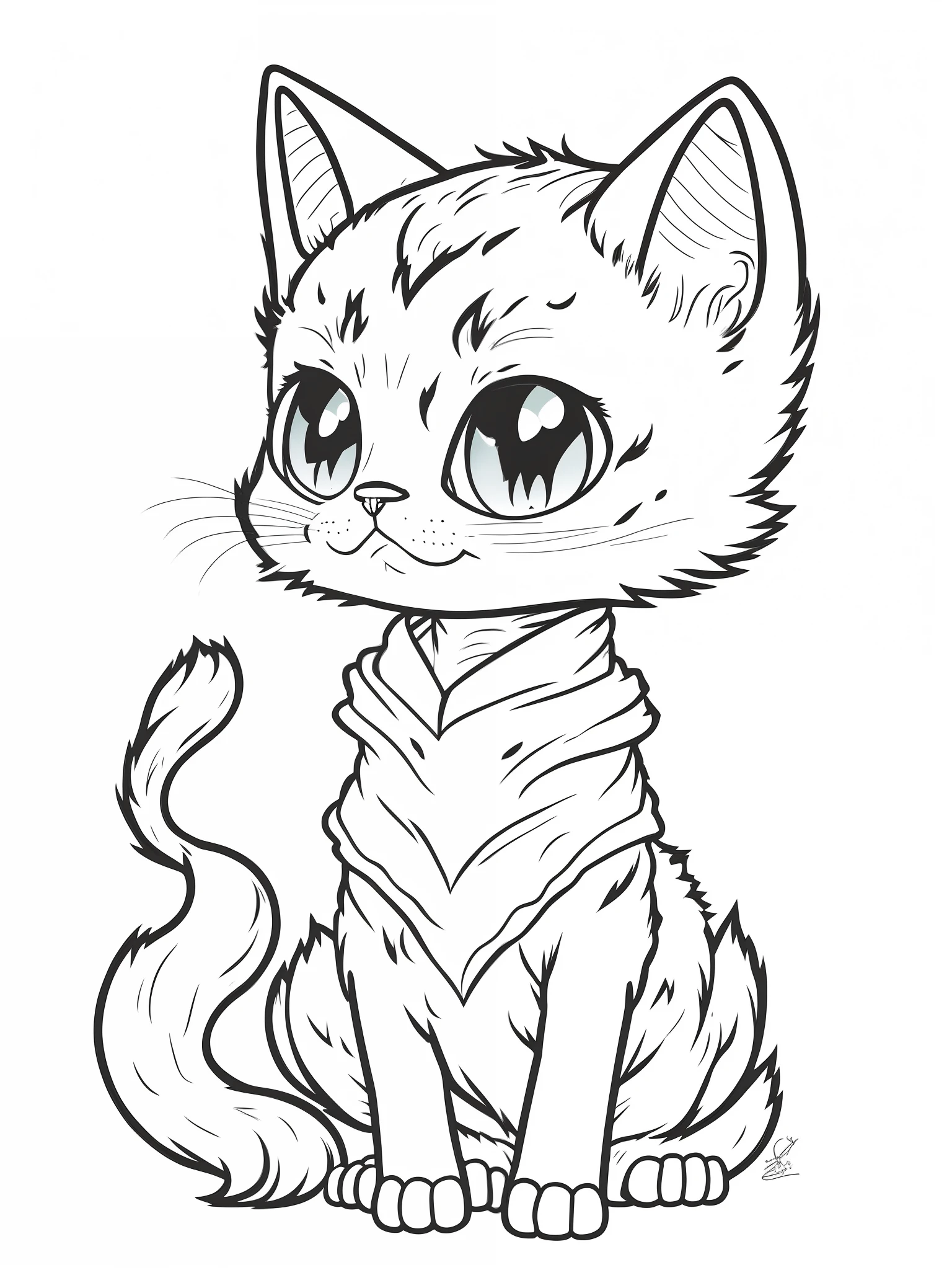 a drawing of a cat with a scarf on its neck, realistic anime cat, anime cat, simple lineart, clean lineart, line art colouring page, coloring book outline, thick lineart, simple line art, kawaii cat, professional furry drawing, lineart, an anthro cat, perfect lineart, extremely fine ink lineart, thick black lineart