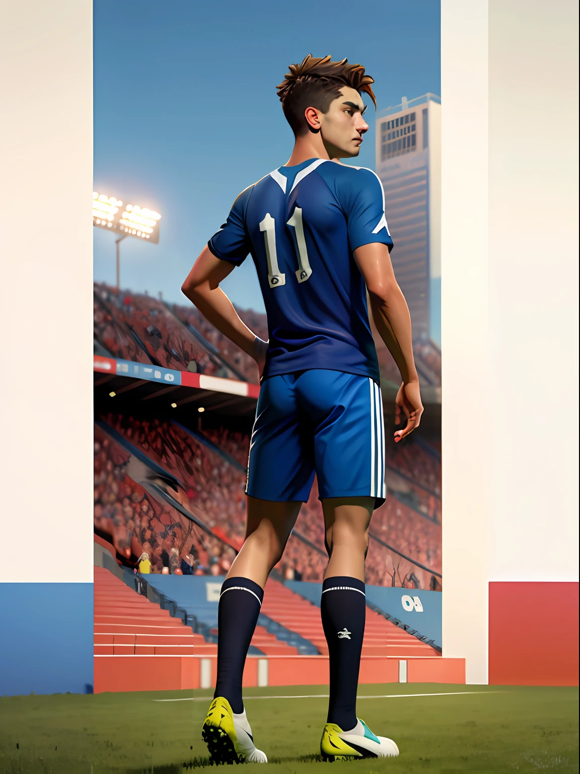 A soccer player stands on the soccer field, Turn his back to the camera，Wearing number 10 blue shirt，In the distance are spectators in the stands