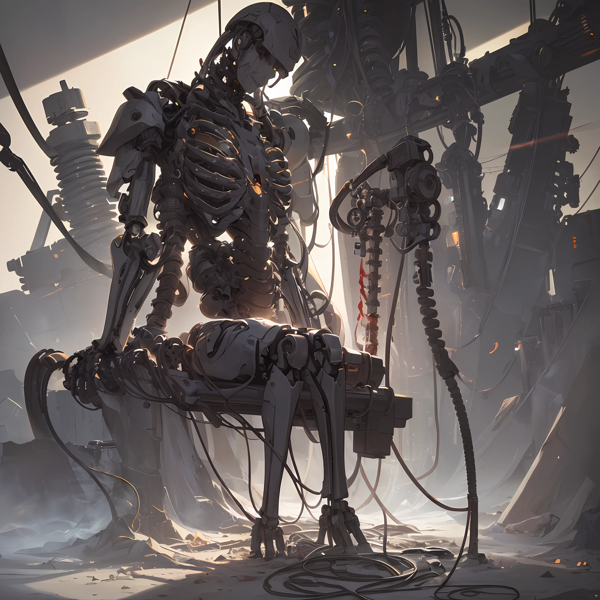 (((Masterpiece)))), (((highest quality)))), ((Ultra Definition)), (Very Fine Photoreality), ((Very Delicate and Beautiful)), (Delicate and Pretty Face), Cinematic Light, (((Machine Girl 1)), Solo, Full Body, Big, Cleavage Is Visible Skin, (Mechanical Joints: 1.4), (Mechanical Limbs)), (Blood vessels connected to tubes), (( Mechanical vertebrae attached to the back)), ((Mechanical cervical vertebrae) attached to the neck)), (((sitting)), Expressionless, (wires and cables attached to the head and body: 1.5), (Character Focus), Small LED lamp SF, detailed neon --auto