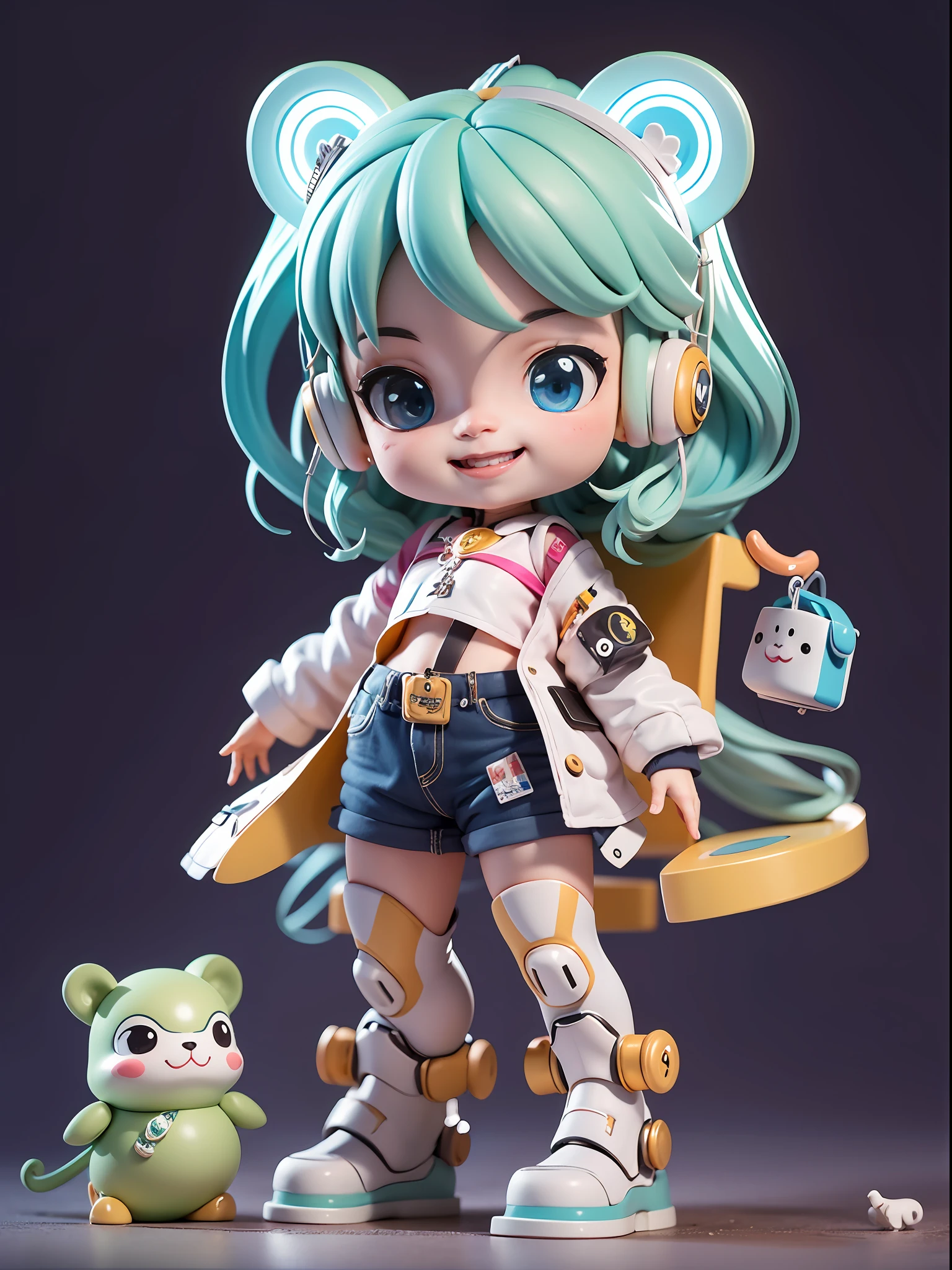 A super cool mechanical calf, cute cartoon calf, cute, playful, naughty, solid model blind box, 3D mech, laughing, smiley, smirk, fang, white metal mecha material, bubble mart style, pixar style, clay material, exquisite facial features, rich expressions, blind box style, looking at the audience, full body shot, edge light, fine light, cyberpunk, IPby pop mart, octane rendering, blender, super quality, ultra hd, 8K --AR 3:4,--niji5, expressive UHD, retina, masterpiece, ccurate, anatomically correct, textured skin, super detail, high details, high quality, award winning, best quality, highres, 8k, 16k, 8k