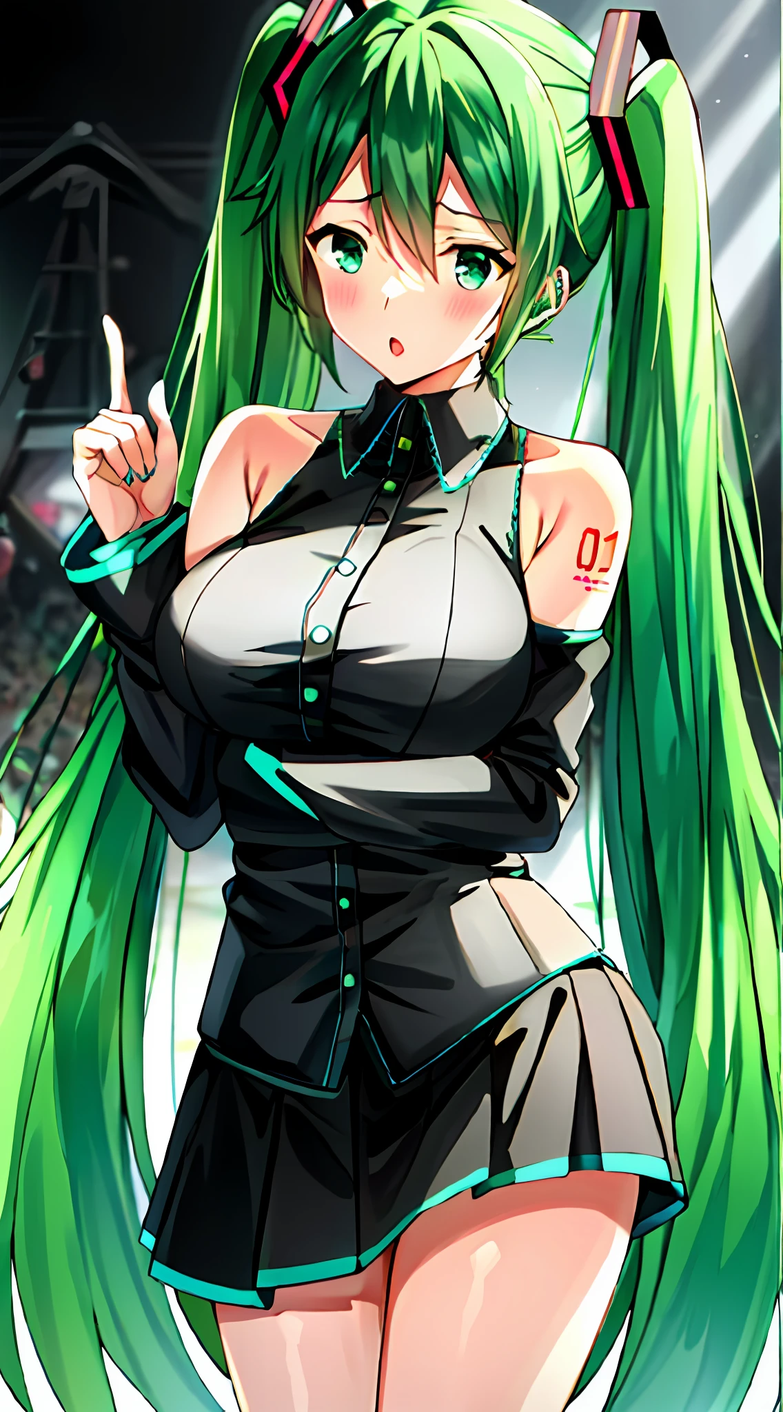 Big breasts Hatsune Miku，Electronic singer，Green green hair，bare shoulders​，a black skirt，black sleeve，Separate the sleeves，(White color blouse)，8K，A high resolution，perfect hand，Perfect Finger，Green eyes，Concert background，Only beautiful thighs are exposed，Open your little mouth，The clothes are white