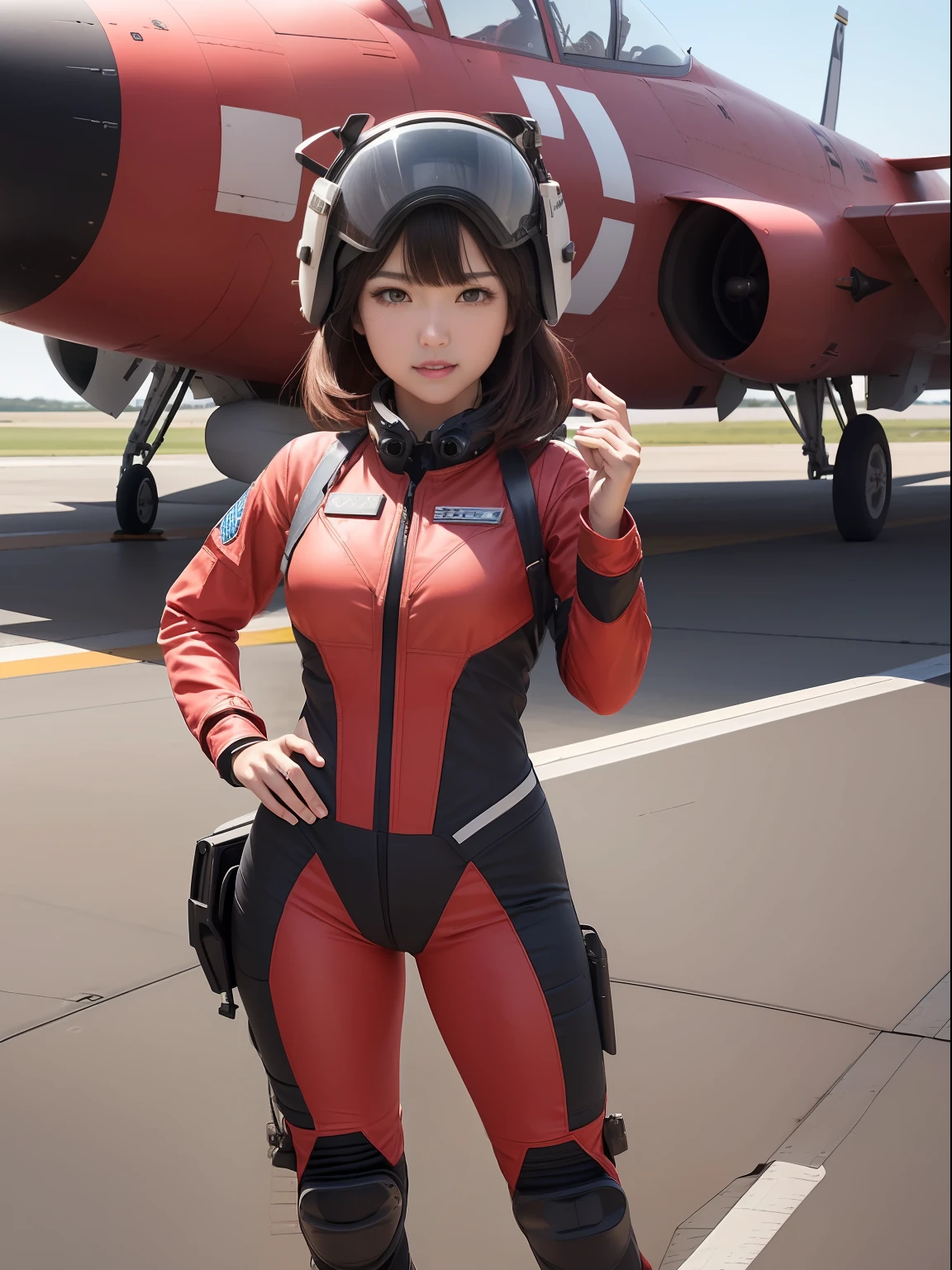 masuter piece, best qualtiy, (((realisitic, Photorealsitic:1.37))), ((独奏)), 8K image quality, Extremely delicate and beautiful, splendid, Official art with attention to detail, Ridiculous, Unbelievably ridiculous, huge filesize, ultra-detailliert, ighly detailed, (Pretty girl), (detailed girl), extremely detailed eye and face, Beautiful detailed eyes, Light makeup,, (Perfect female figure), (Japan Beauty), ((fullllbody)), ((Put the head in the frame)), A dark-haired, With bangs, ((Female Fighter Pilot)), (((Full body fighter pilot suit in scarlet color))), (Military Airports, Sunnyday),