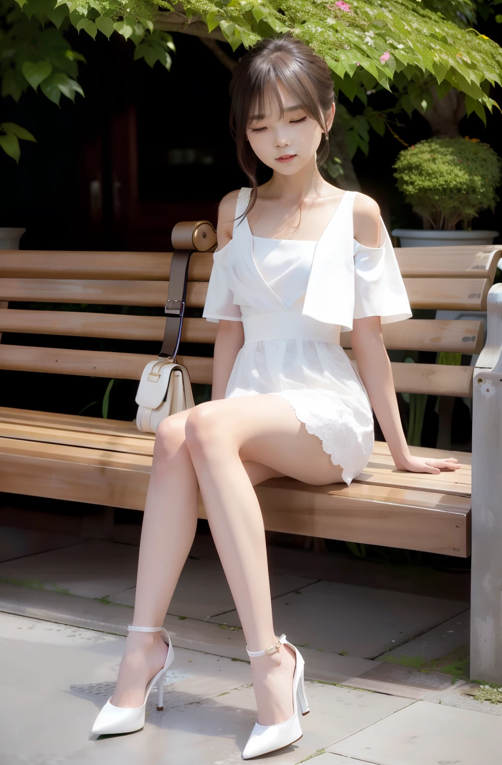 Woman in white dress sitting on a bench in front of bushes, wearing white clothes, wearing white skirt, dressed in a beautiful white, very beautiful slim legs, white skirt and barechest, wearing a wet white short dress, Dressed in white, Beautiful slim legs, gorgeous chinese models, Beautiful legs, cute elegant pose, wearing a cute white dress,Real human skin,high-heels,realskin