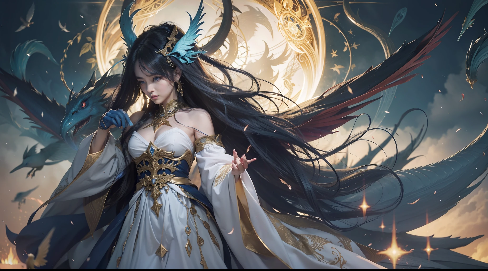 Magic Book,Blood,Night, Dark, (Fantasy),infinite,deep blue sky,The abyss of knowledge,Cowledge,((masutepiece)), (((Best Quality))),((Beautiful fine eyes)),(Eye lashes)、Beautiful girl riding blue dragon、(1人)、Perfect human body structure、Black hair、The long-haired、abyss eyes、glowy skin、oils、small tits、(Bird body、pluma)、Wizard robes、tattered cloth、Realistic coat、Tee、elvish、Super delicate CG Unity 32k wallpaper、masterpiece, ((ultra-detailliert)), ((illustratio)),colourfull,wall-paper,The energy,Unknown terror,Incomprehensible,Around the magic,Magical surroundings,magic wands,Boken,Flying pages,Know everything,Predict the future、Get to know the past、Infinite wisdom、blue flames、Warlock、magic circles、Pentagram、Spells、mantra、Singing magic