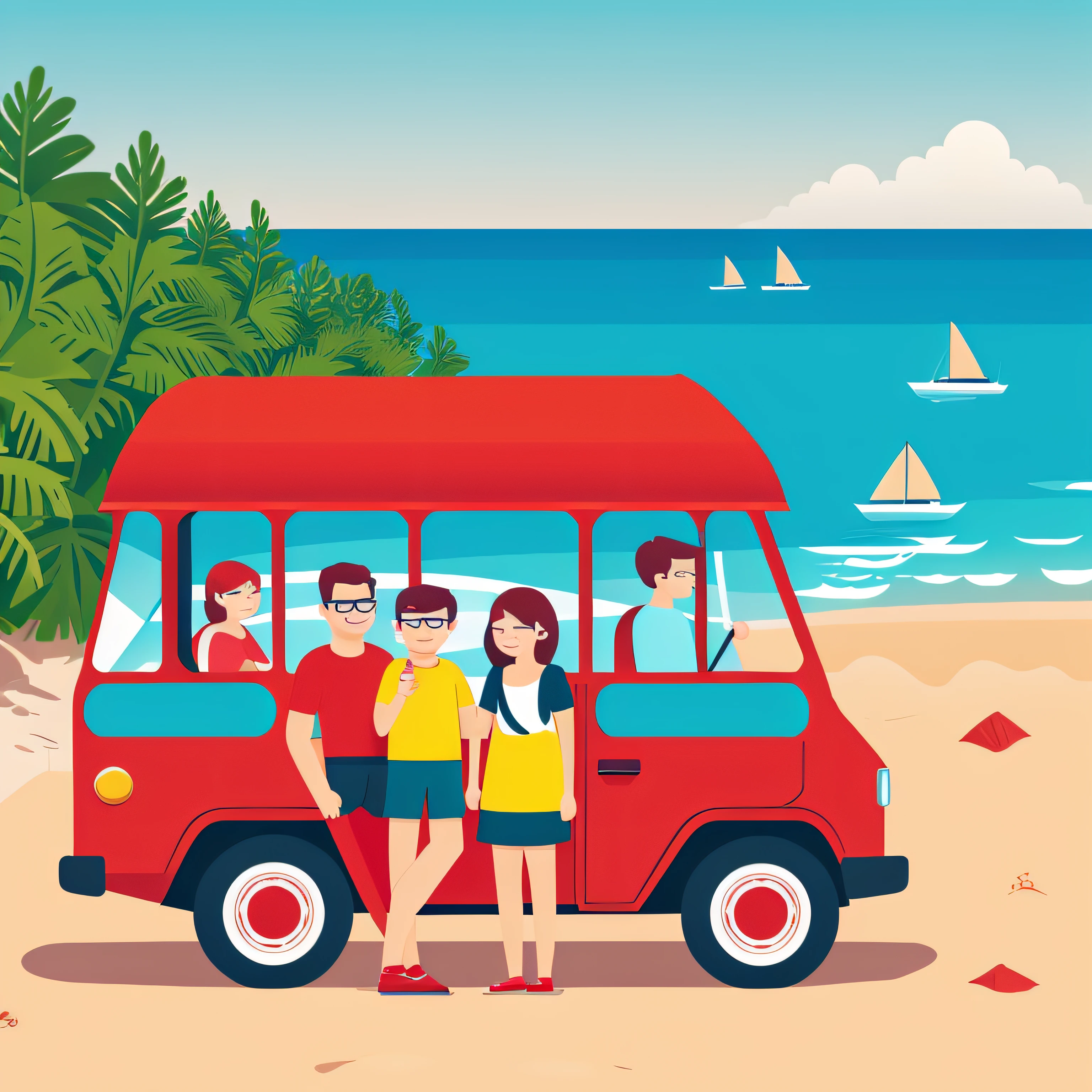 travel family image, red a coach, and beach background, illustrator --auto