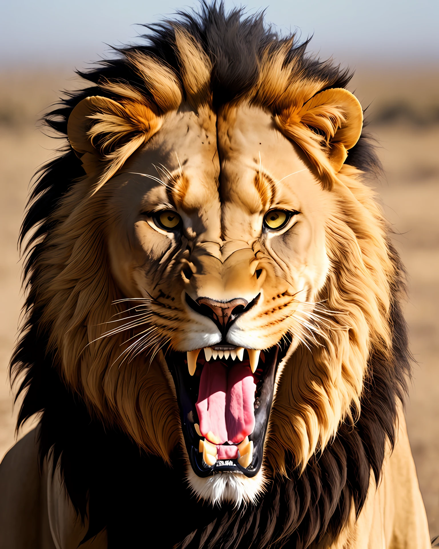Lion with fierce colored teeth roaring