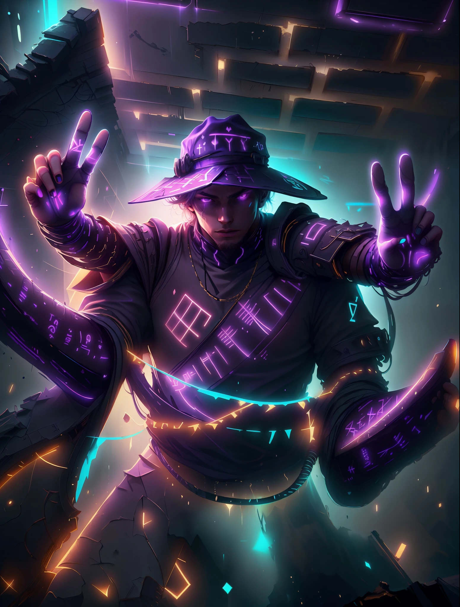 alenaschillerova, GlowingRunes_purple, detailed, intricate, dark theme, hat, boy