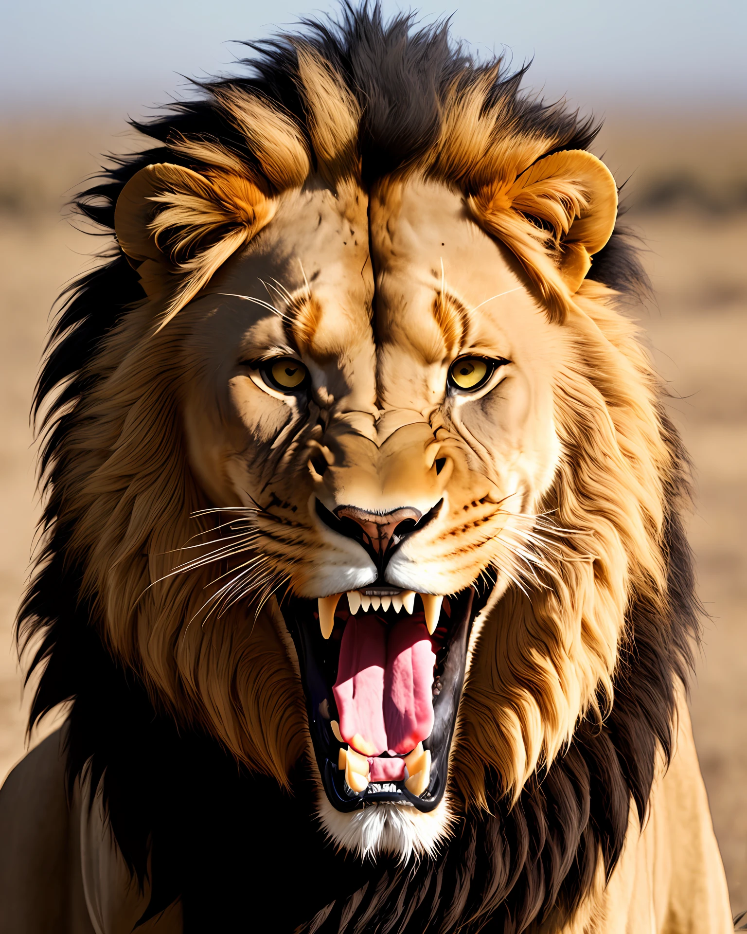 Lion with fierce colored teeth roaring