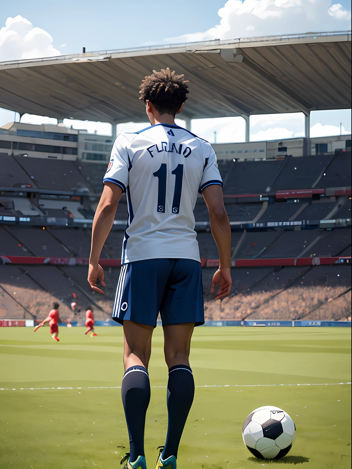 A soccer player stands on the soccer field, Turn his back to the camera，Wearing number 10 blue shirt，In the distance are spectators in the stands